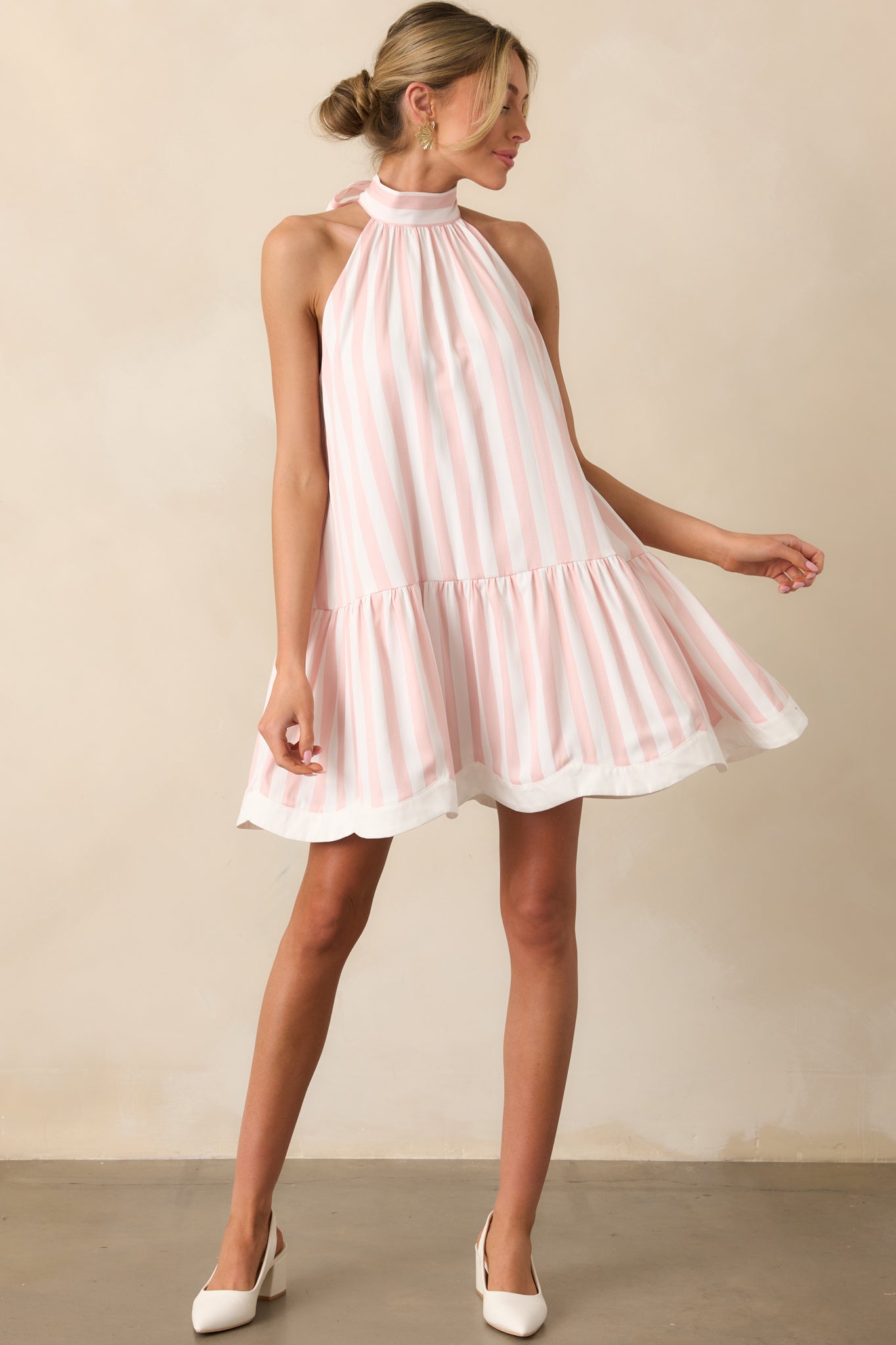 Prosperina Gatsby Scalloped Swing Dress In Pink Stripe Prosperina Gatsby Scalloped Swing Dress In Pink Stripe