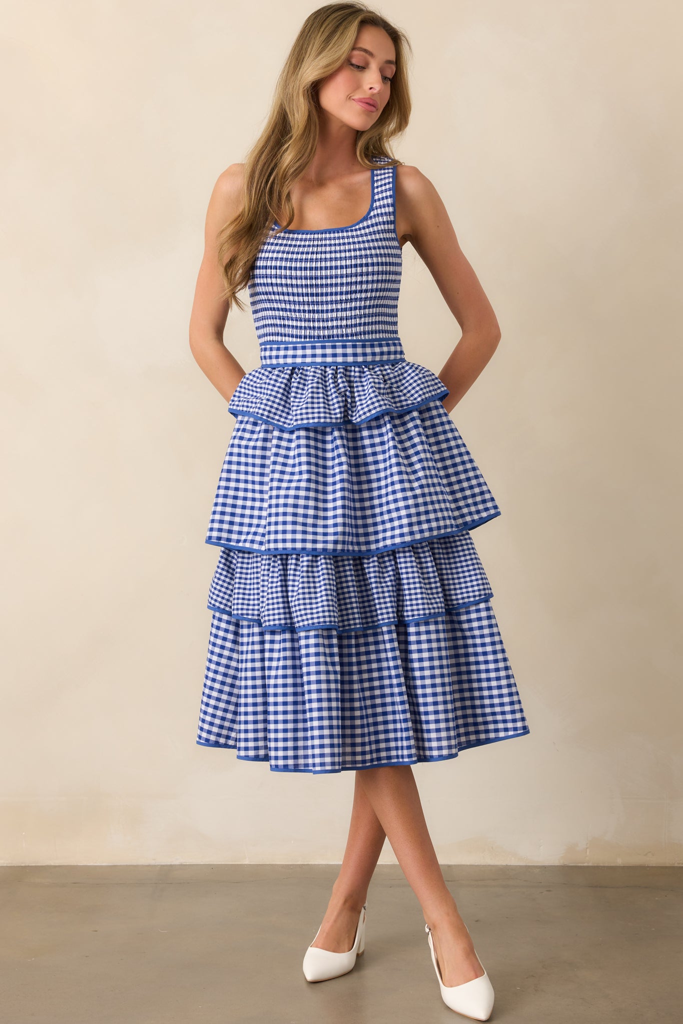 Blue Gingham Cotton Smocked Dress - Midi Dresses | Red Dress Blue Gingham Cotton Smocked Dress - Midi Dresses | Red Dress