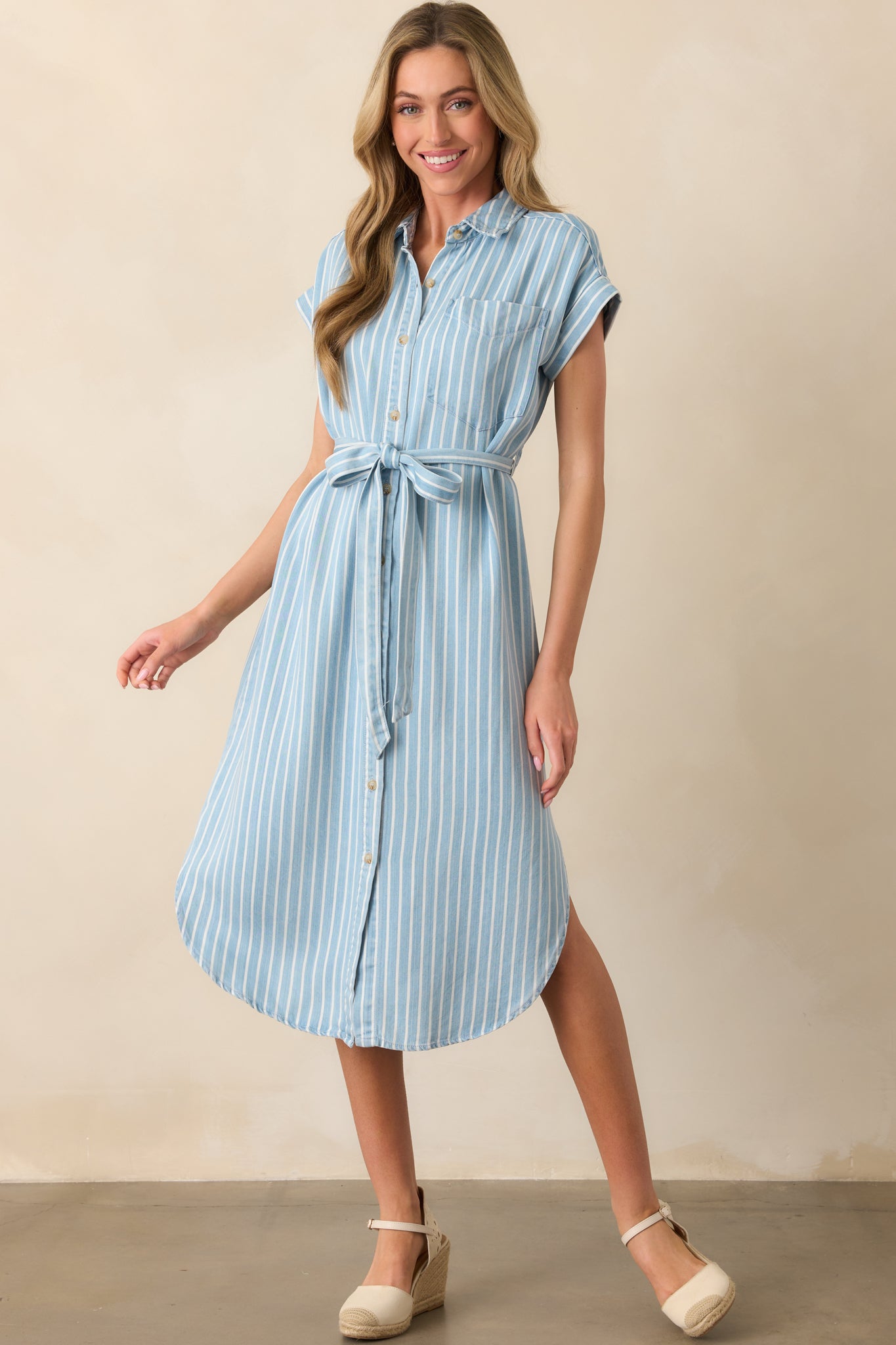 Light Wash Chambray Stripe Midi Dress - Shirt Dresses | Red Dress Light Wash Chambray Stripe Midi Dress - Shirt Dresses | Red Dress