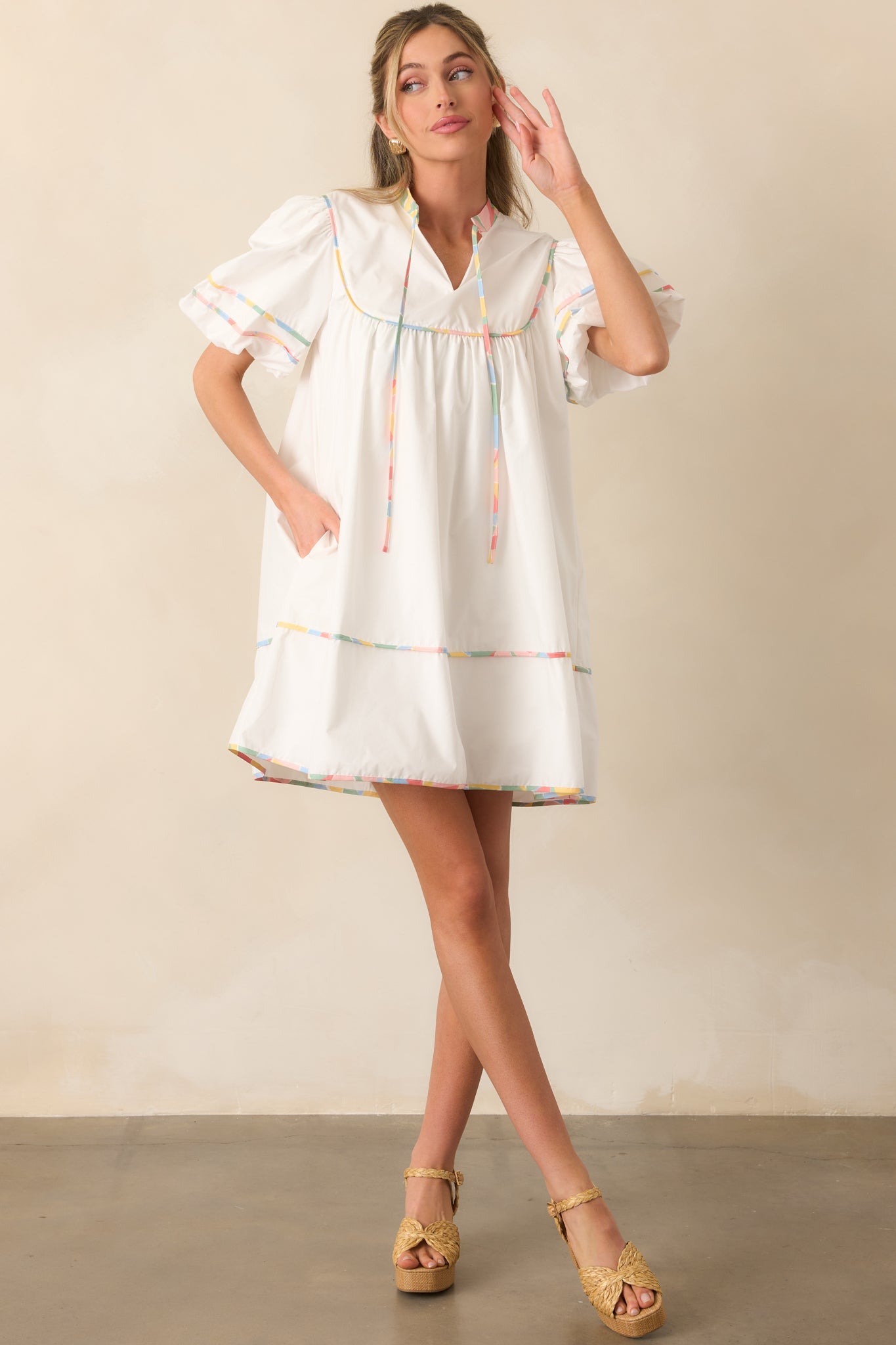 short silk dresses with sleeves White Floral Trim Cotton Mini Dress - Short Sleeve Dresses