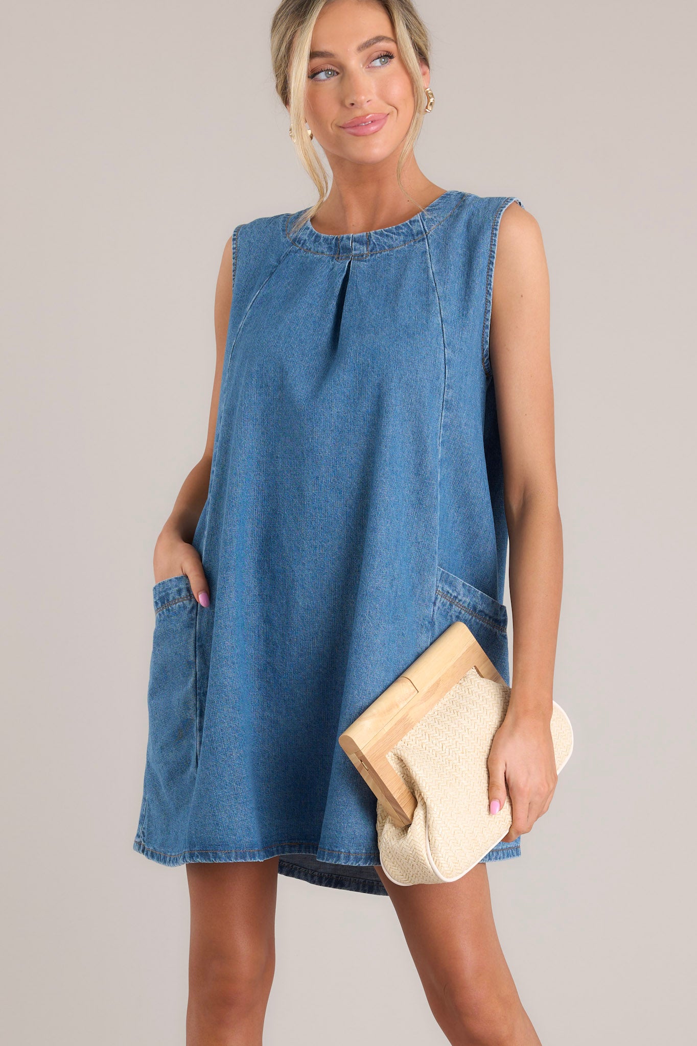 Sleeveless Medium Wash Denim Mini Dress - All Dresses | Red Dress Sleeveless Medium Wash Denim Mini Dress - All Dresses | Red Dress