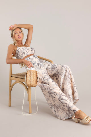 SHOP THE LOOK - Sandy Toes Beige Tropical Print Belted Pants