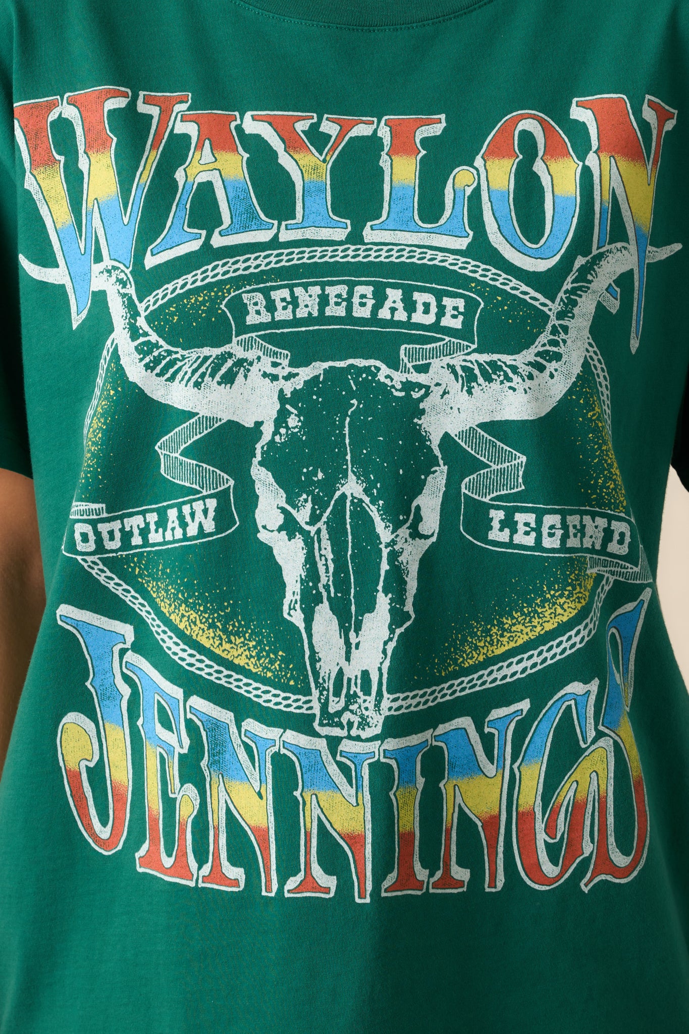 Close-up of the longhorn graphic design with visible texture and intricate print details inspired by the Renegade Outlaw album.