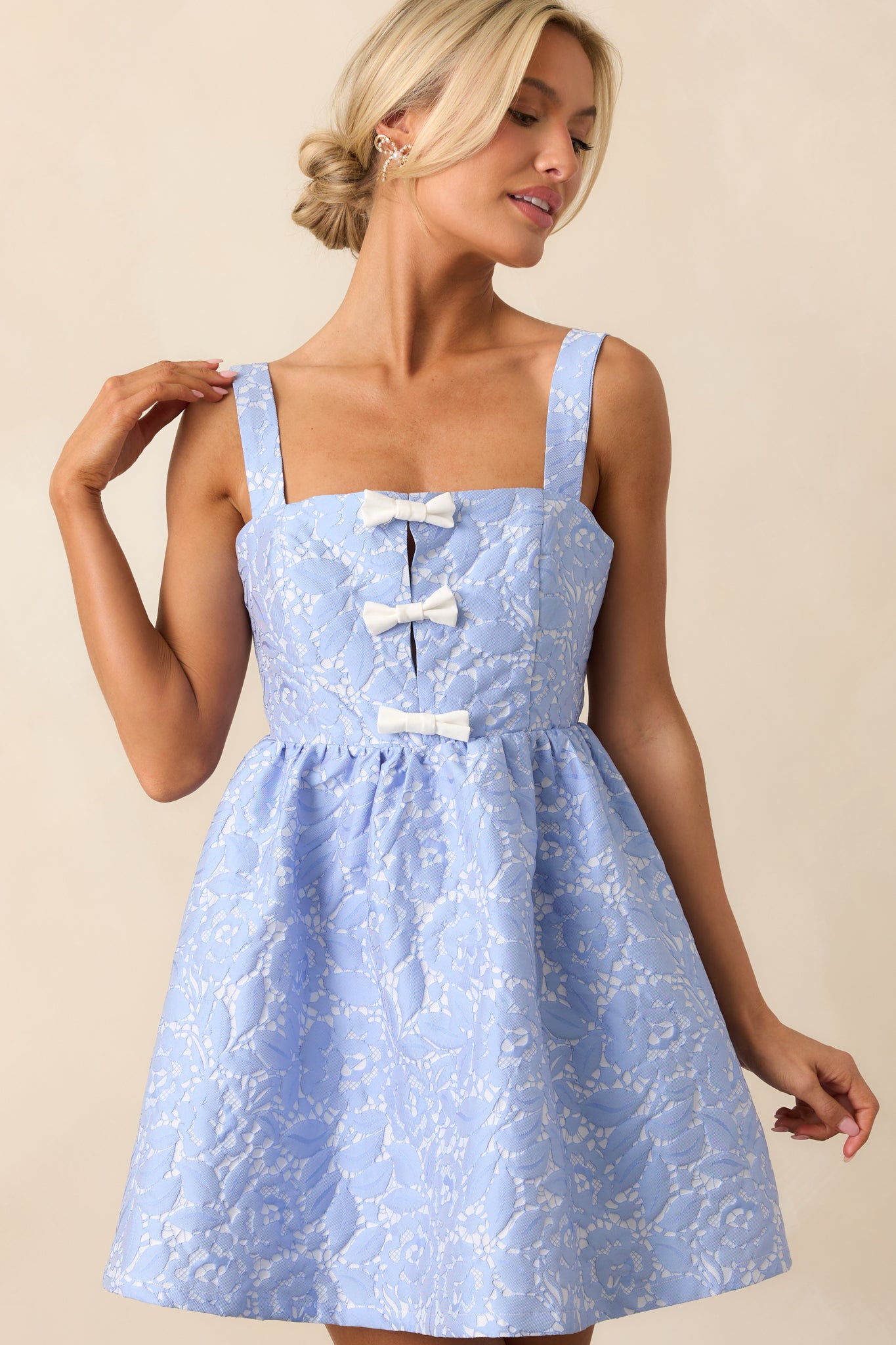 Dance With Destiny Light Blue Floral Jacquard Bow Front Mini Dress Dance With Destiny Light Blue Floral Jacquard Bow Front Mini Dress