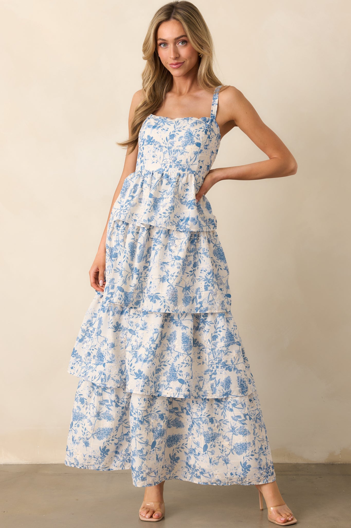 Happy To Be Here Blue Floral Embroidered Eyelet Maxi Dress Happy To Be Here Blue Floral Embroidered Eyelet Maxi Dress