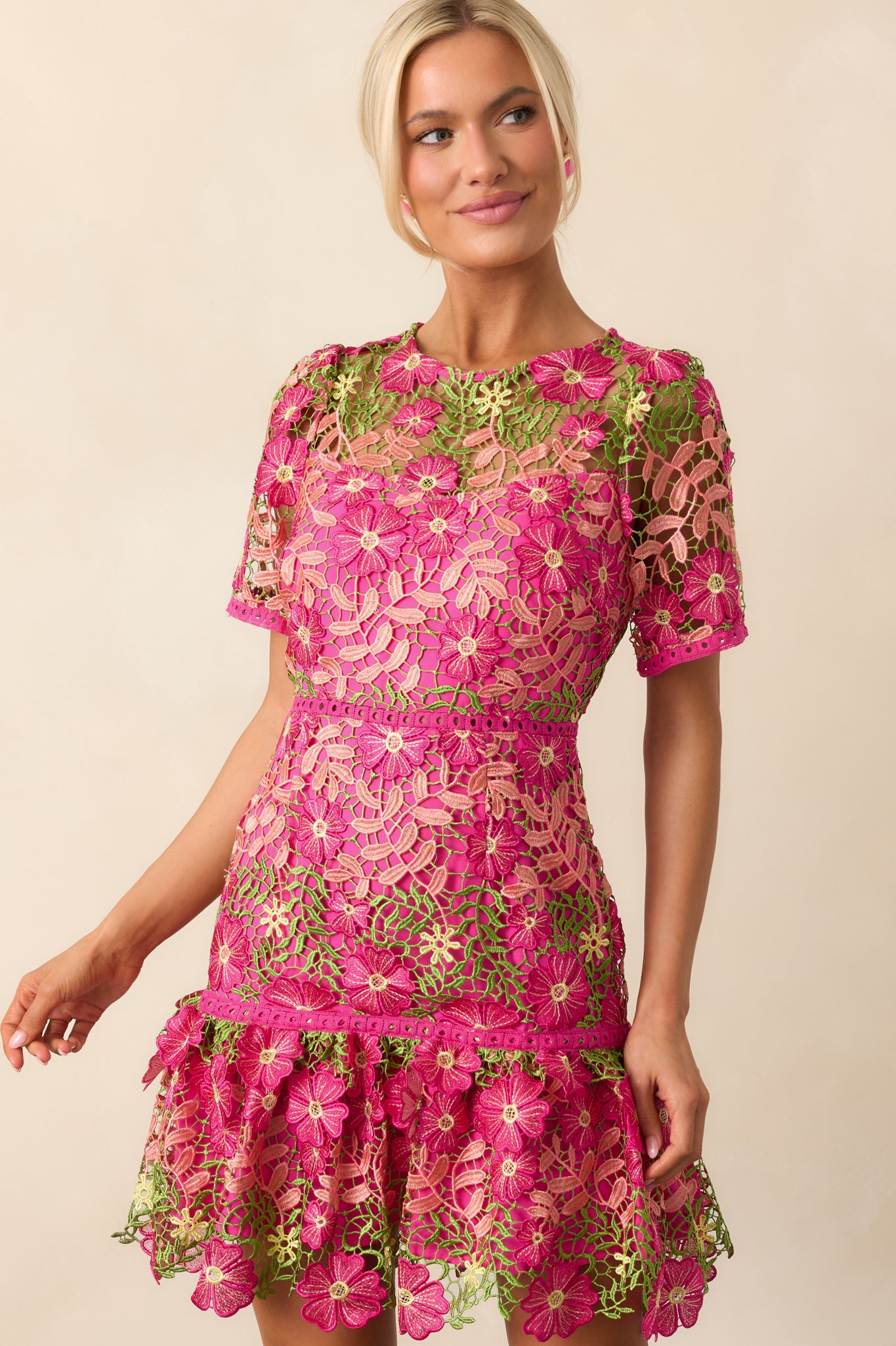 A Work Of Art Magenta Pink Floral Embroidered Mini Dress A Work Of Art Magenta Pink Floral Embroidered Mini Dress