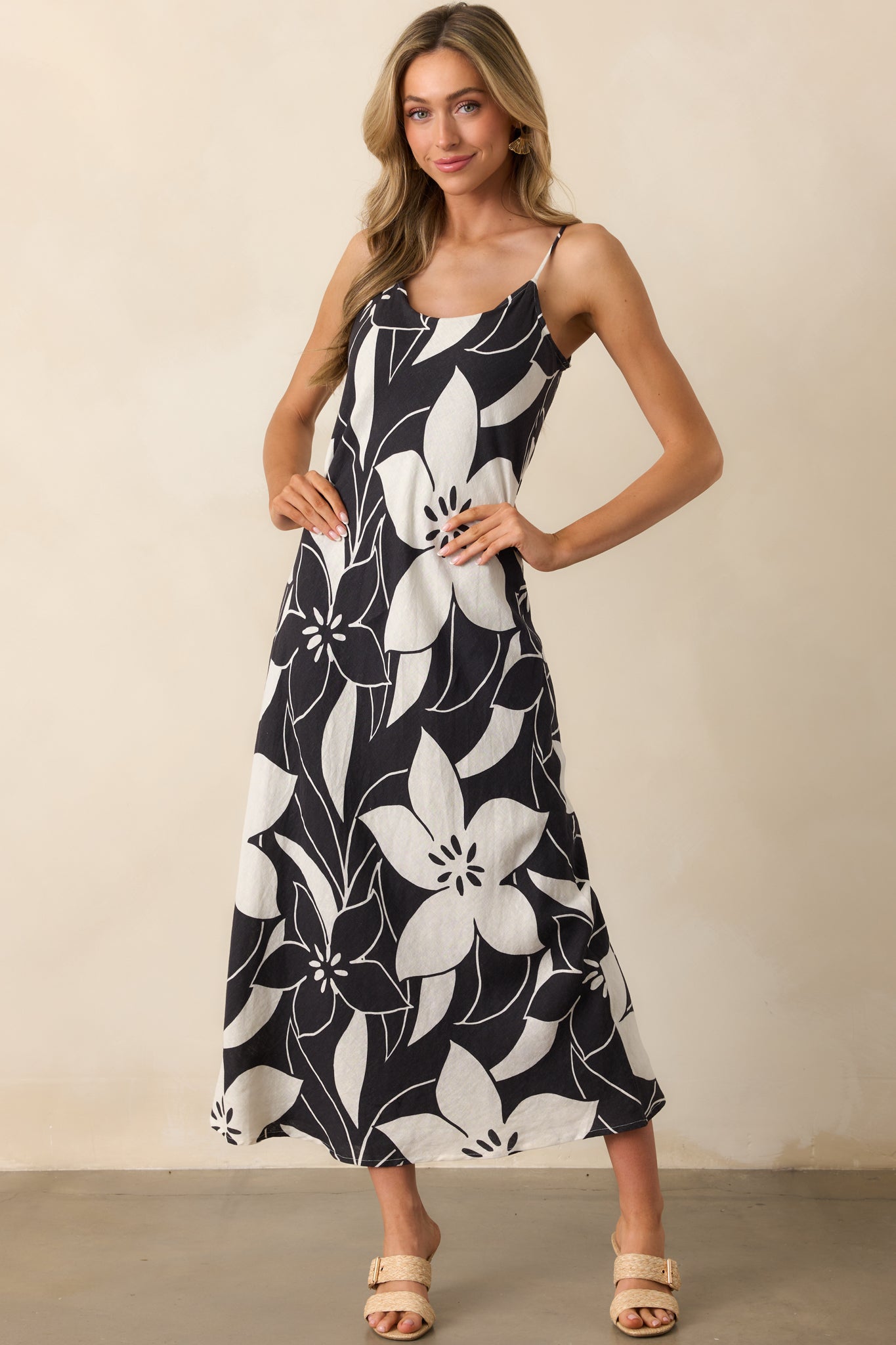Maxi dress with a delicate black and white floral pattern, scoop neckline, and relaxed fit, perfect for casual or dressy wear.
