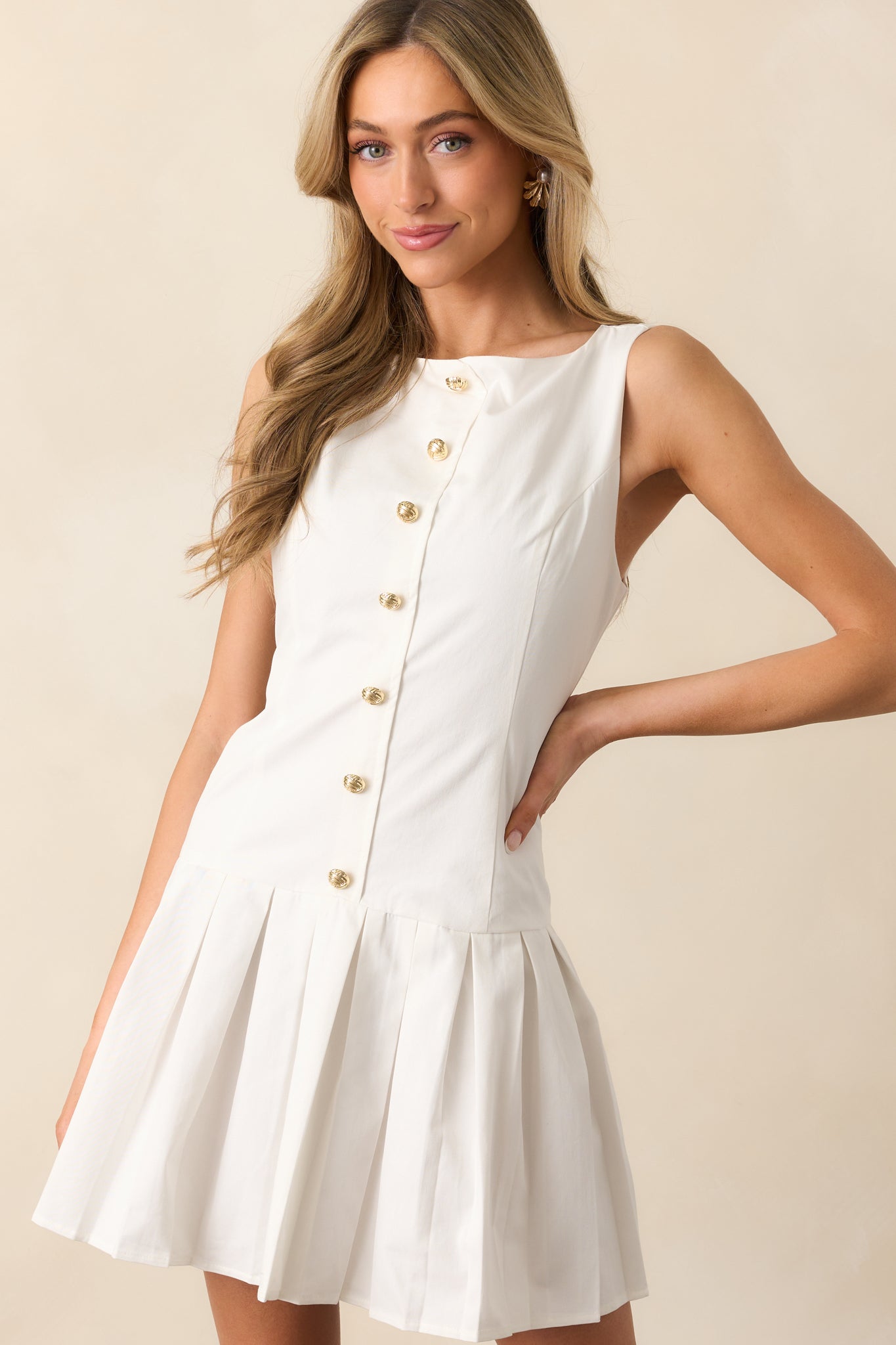 White Cotton Button Front Drop Waist Dress - Mini Dresses | Red Dress White Cotton Button Front Drop Waist Dress - Mini Dresses | Red Dress