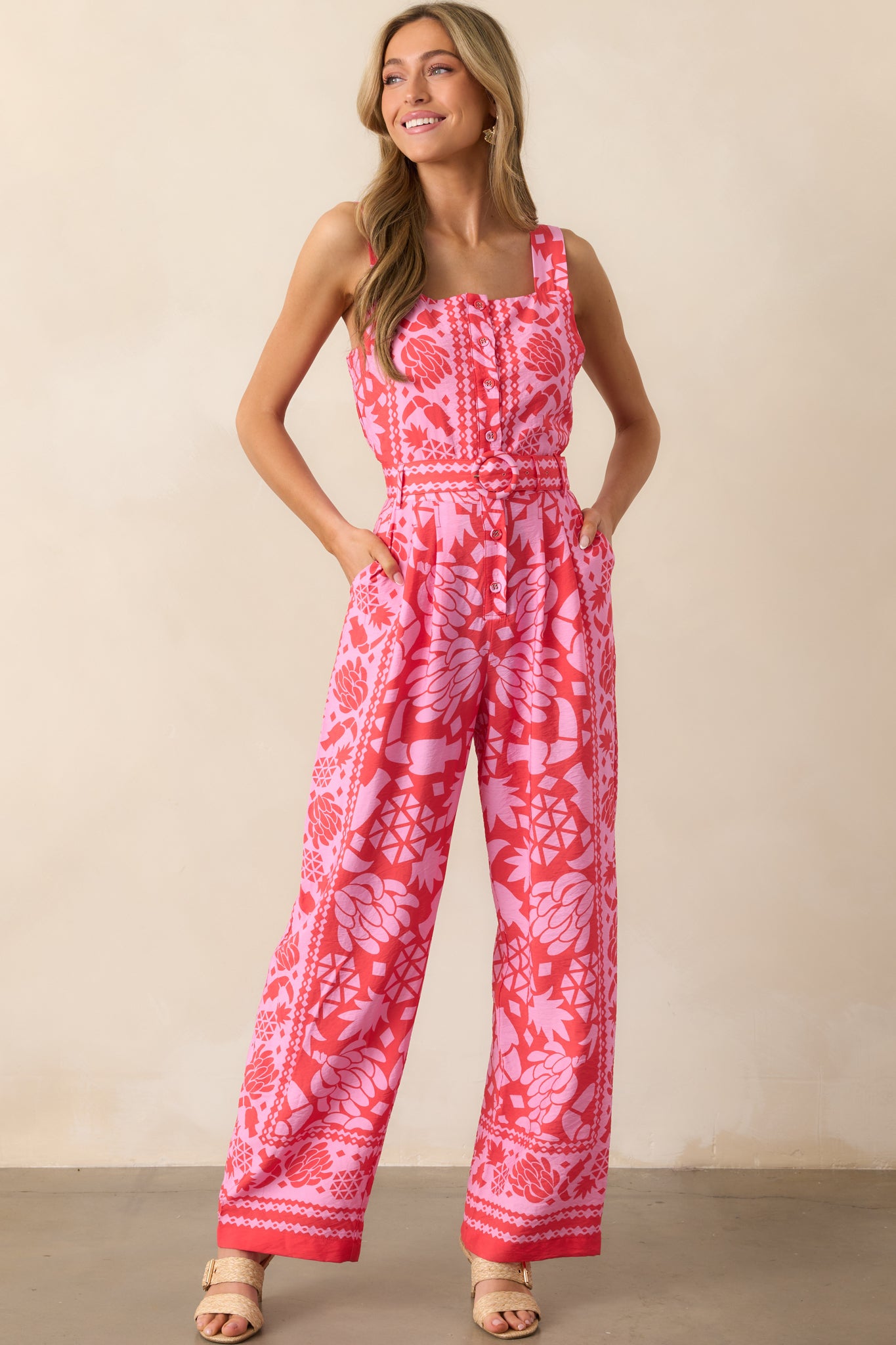 red dress jumpsuit Pleated High-Neck Jumpsuit - Red