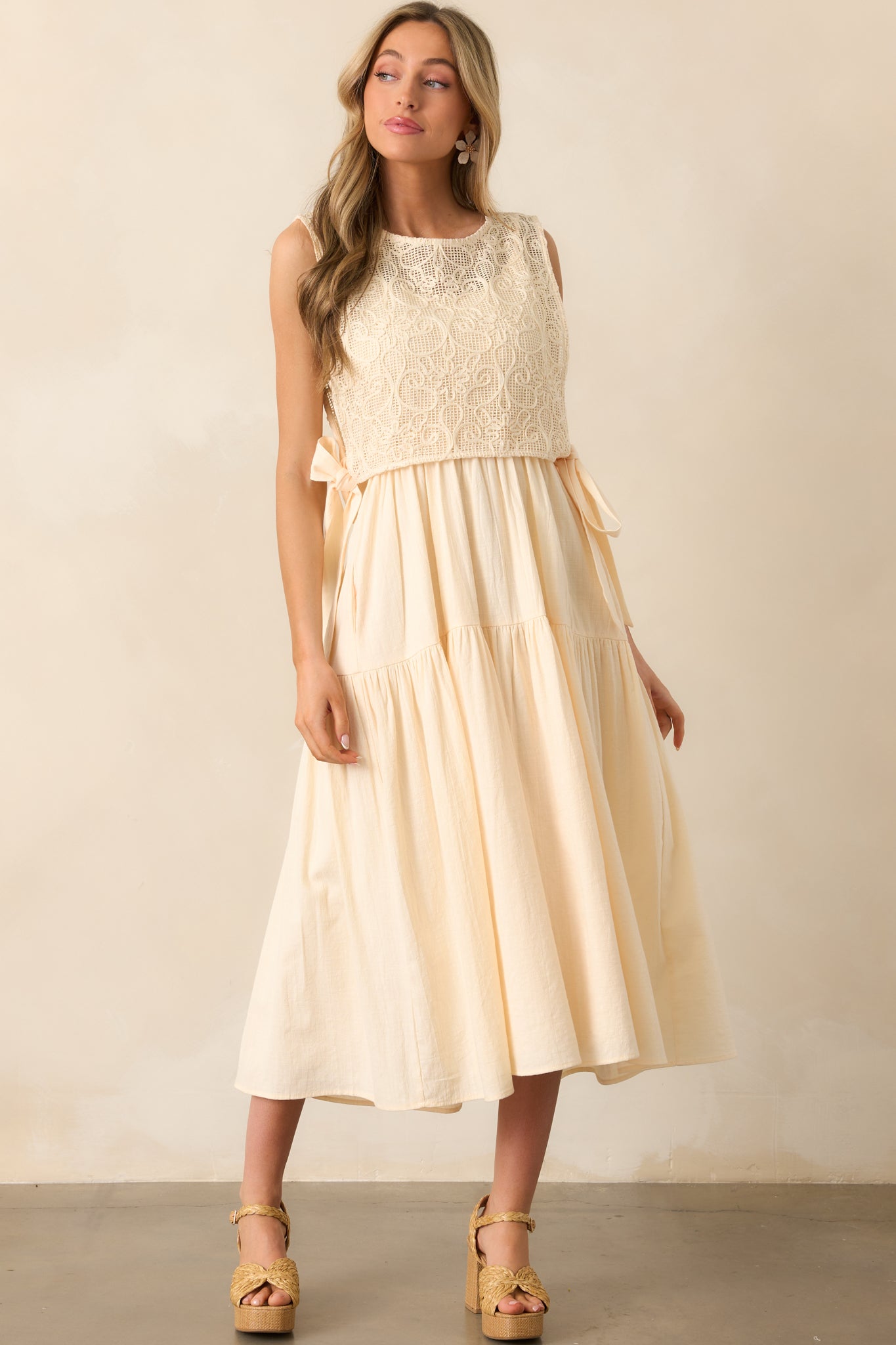 Everything & More Natural Cotton Crochet Bodice Midi Dress Everything & More Natural Cotton Crochet Bodice Midi Dress