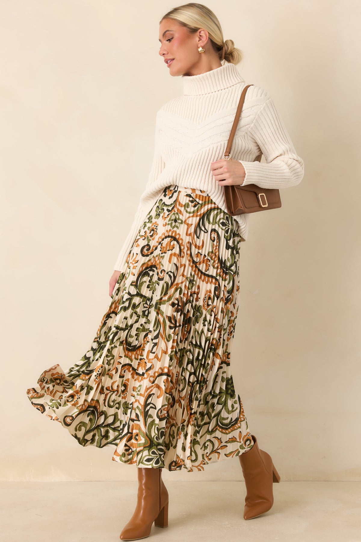 Some Things To Say Ivory & Olive Satin Pleated Maxi Skirt