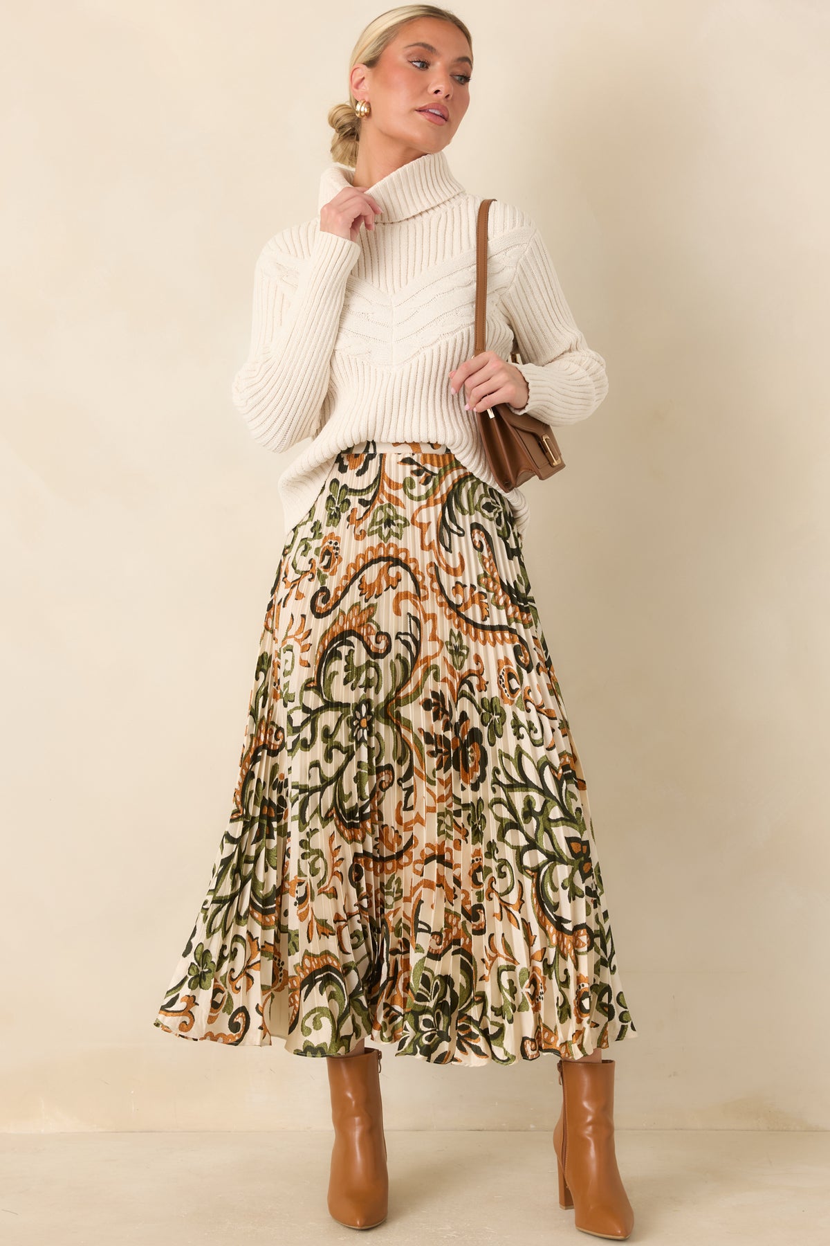 Some Things To Say Ivory & Olive Satin Pleated Maxi Skirt