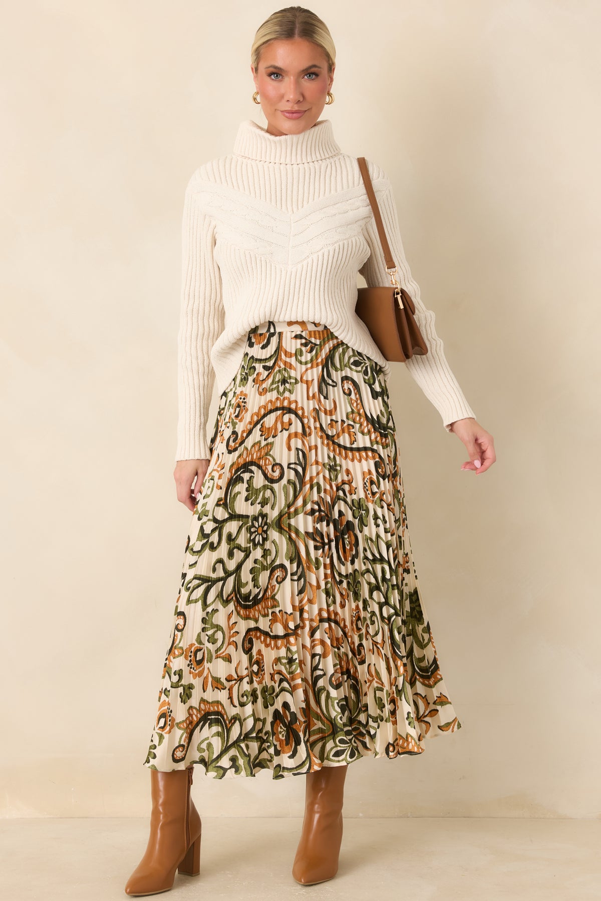 Some Things To Say Ivory & Olive Satin Pleated Maxi Skirt
