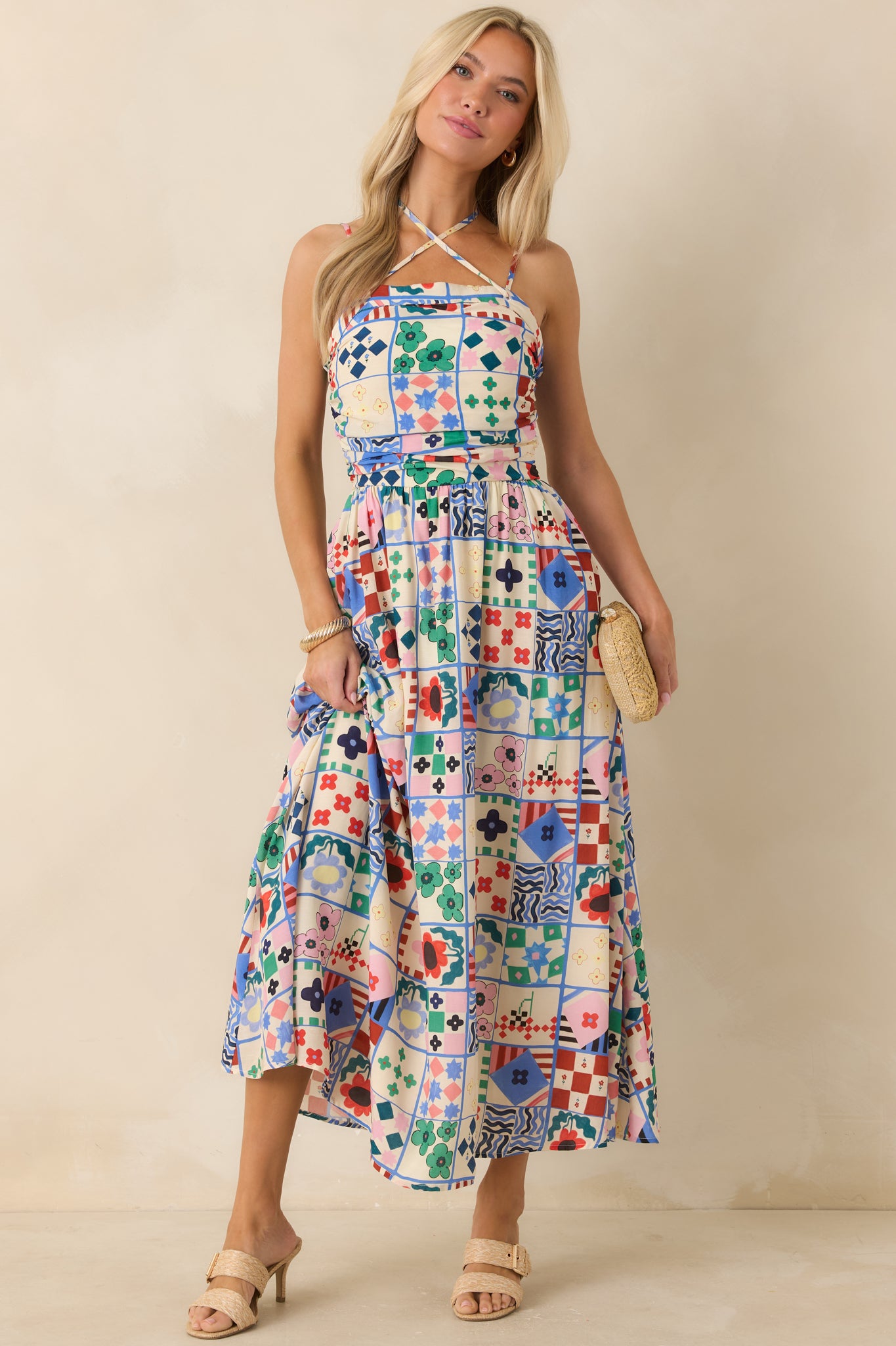 Nostalgic-inspired maxi dress with smocked back panel and easy drape silhouette.