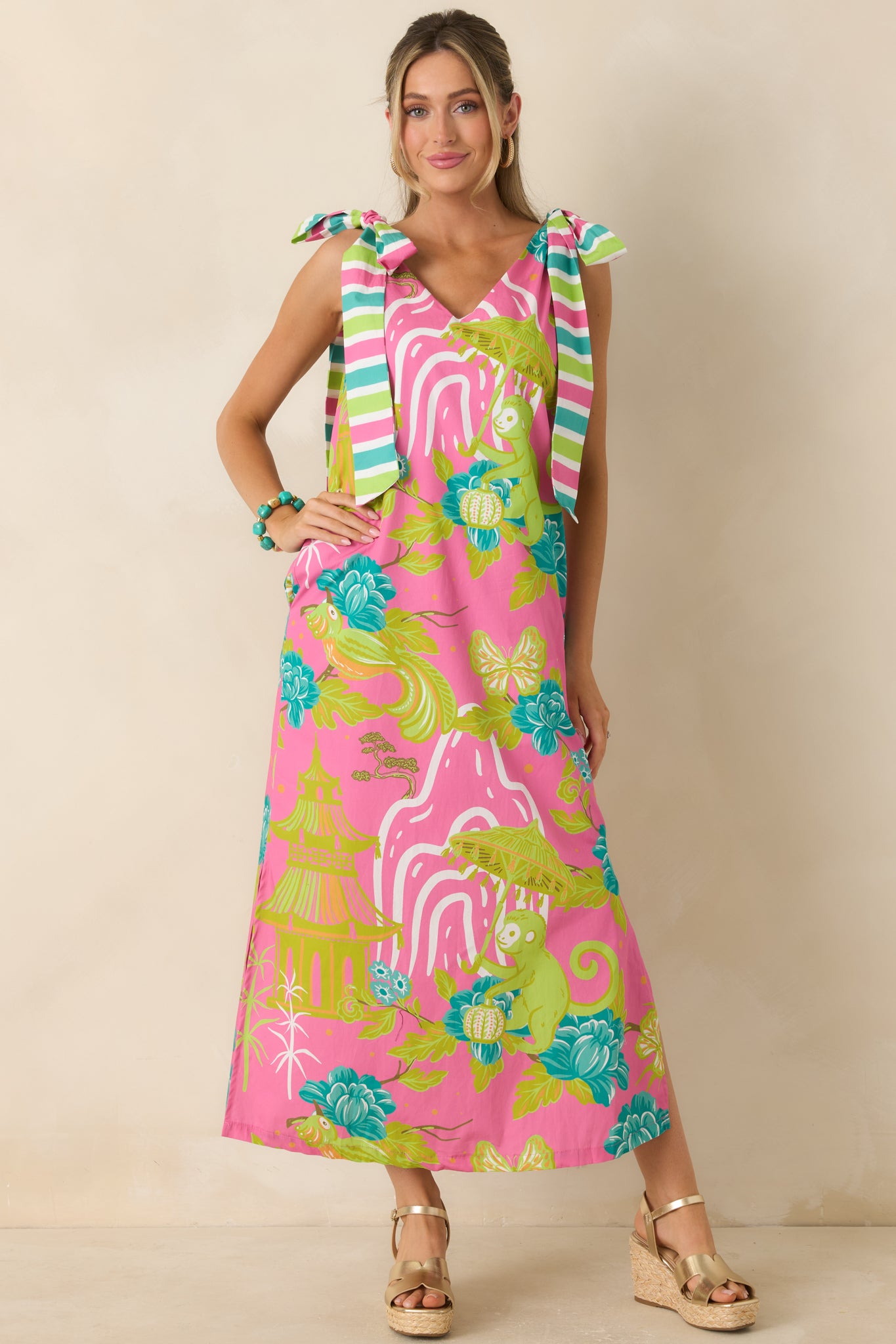 pink and green maxi dress Prosperina Arden Pink Multi Chinoiserie Cotton Maxi Dress
