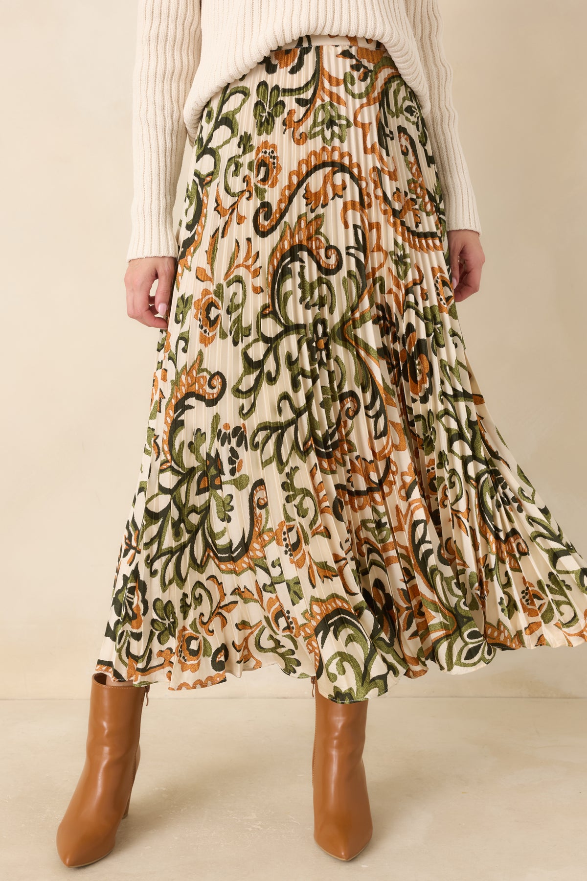 Some Things To Say Ivory & Olive Satin Pleated Maxi Skirt