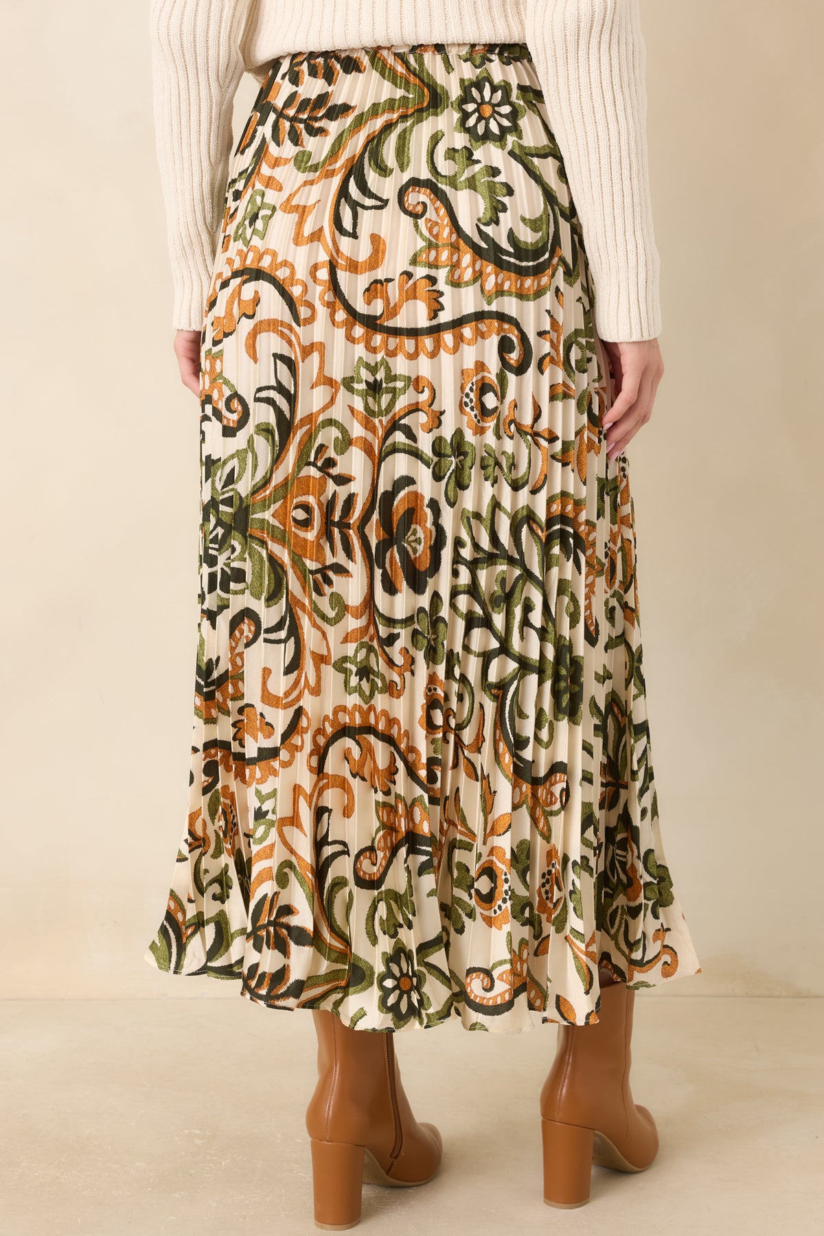 Some Things To Say Ivory & Olive Satin Pleated Maxi Skirt