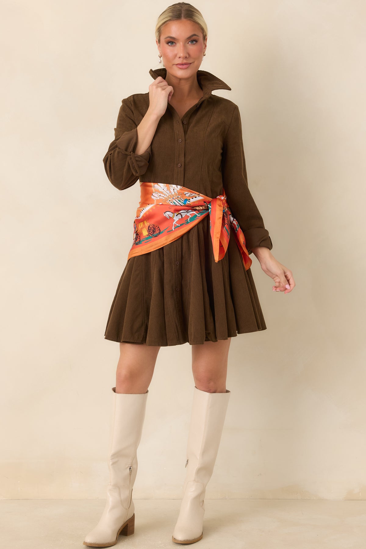 Just Like Old Times Dark Brown Corduroy Mini Shirt Dress