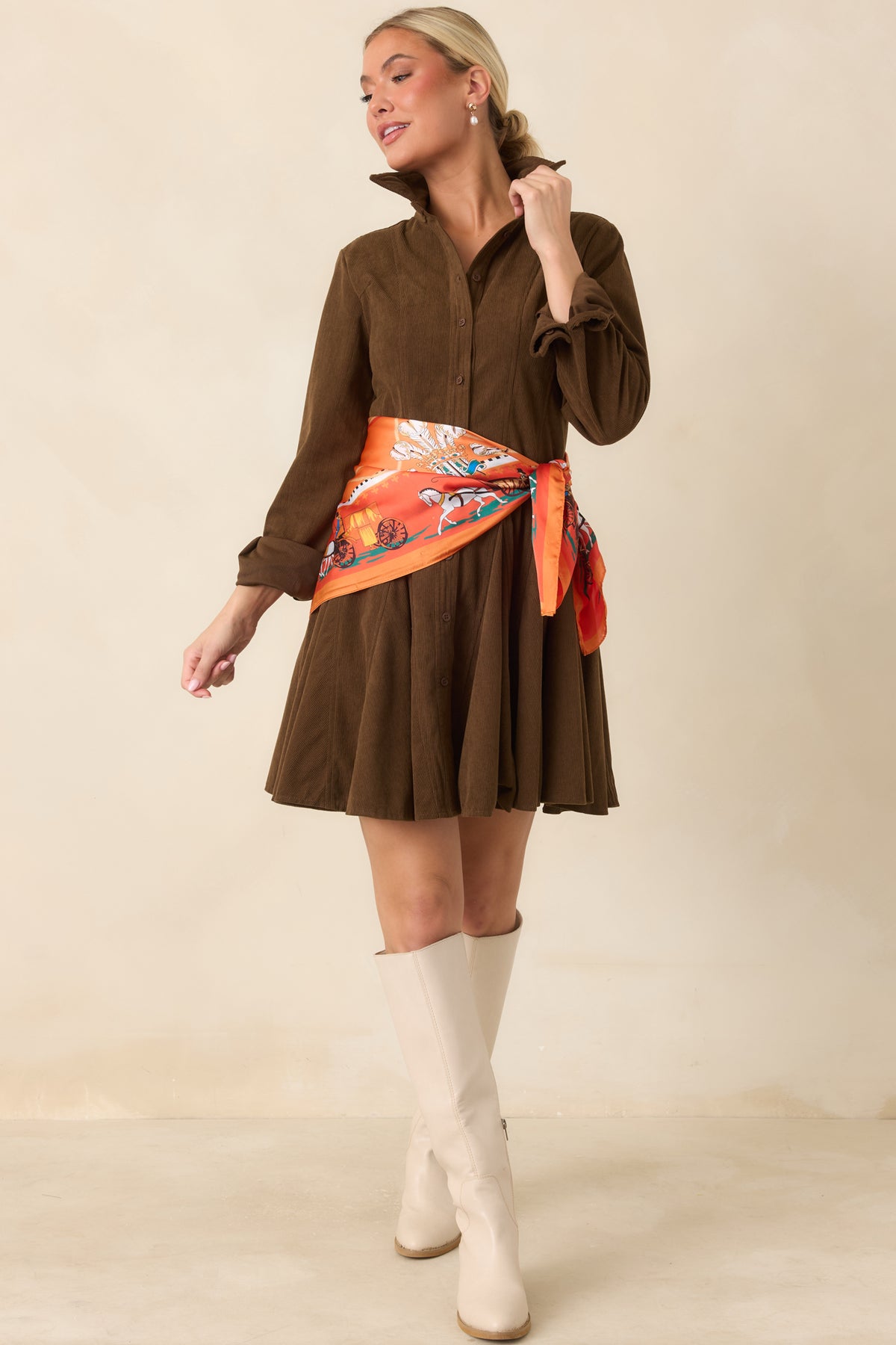 Just Like Old Times Dark Brown Corduroy Mini Shirt Dress
