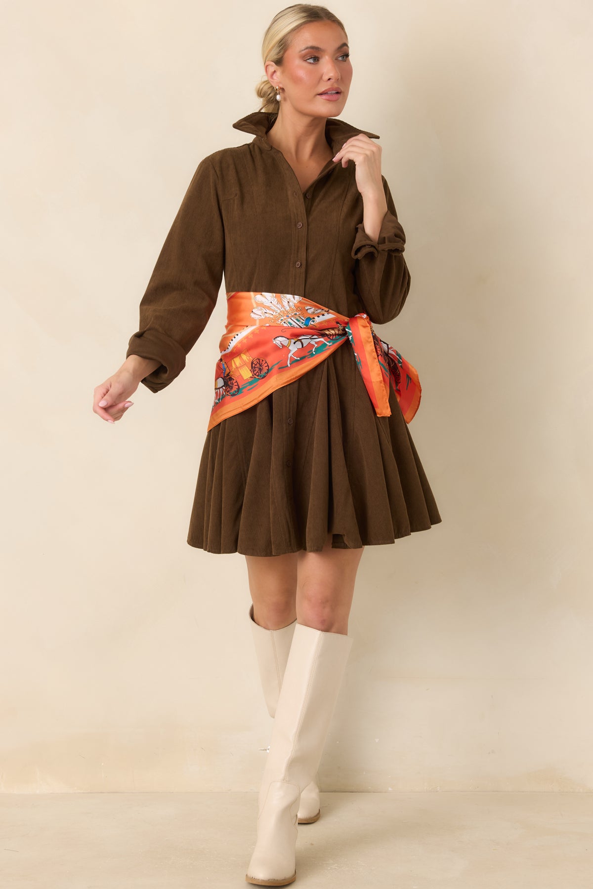 Just Like Old Times Dark Brown Corduroy Mini Shirt Dress