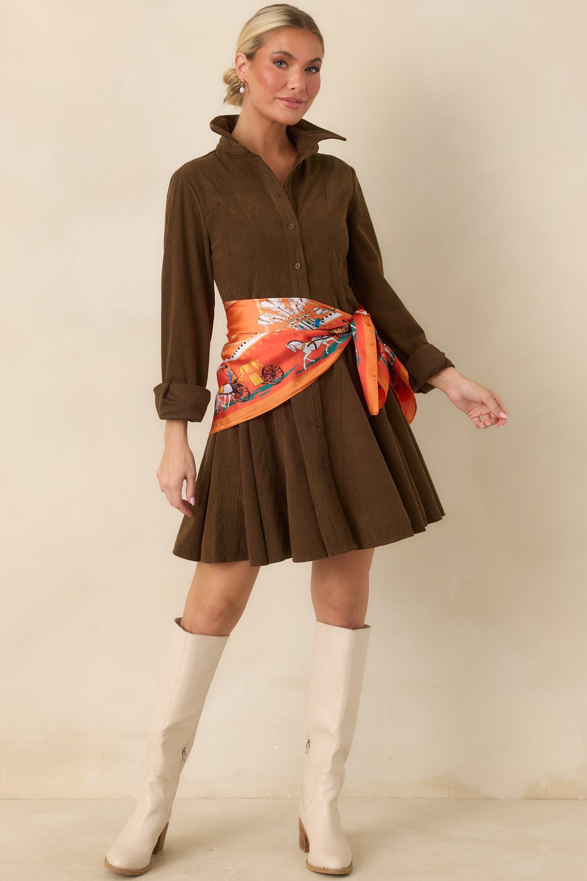 Just Like Old Times Dark Brown Corduroy Mini Shirt Dress