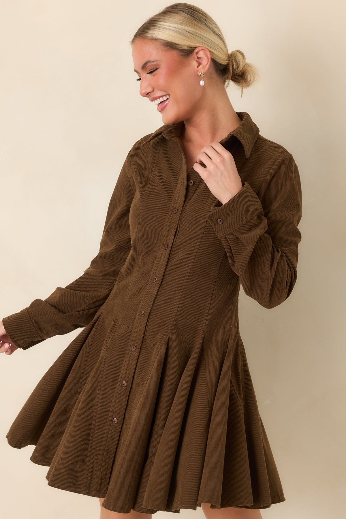 Just Like Old Times Dark Brown Corduroy Mini Shirt Dress