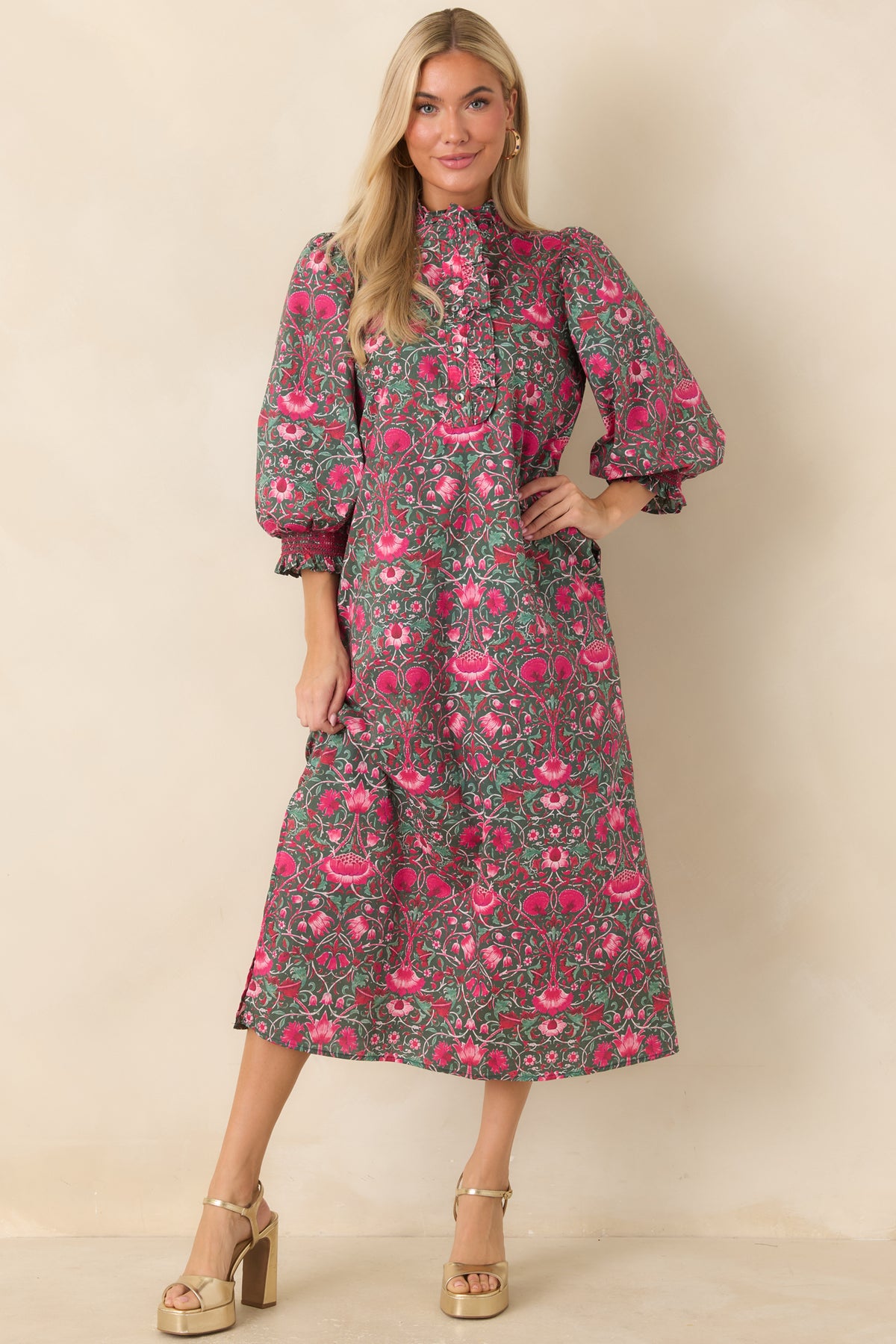 Lovely to See You Pink & Green Floral Cotton Midi Dress