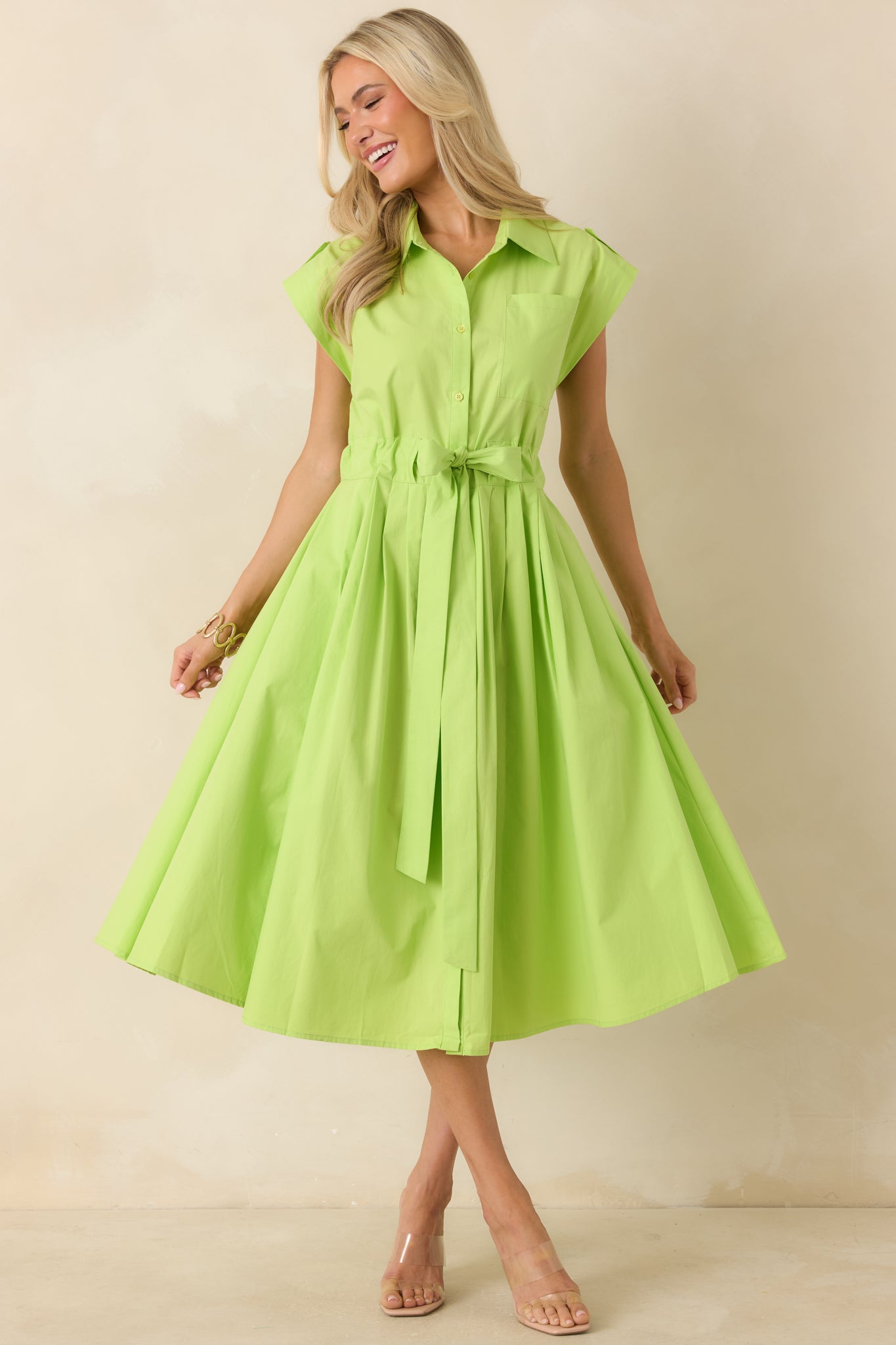green button front midi dress Women's Lana Lime Green Cotton Button-Front Midi Dress | Size: M