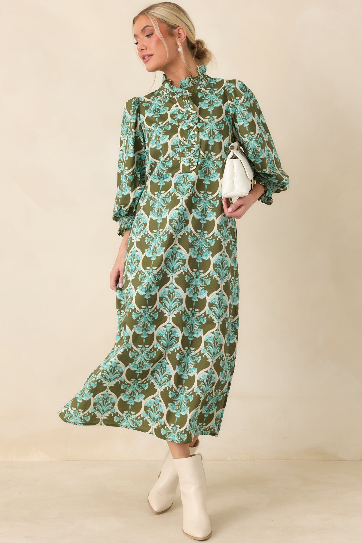 Dream All Day Olive & Aqua Floral Cotton Midi Dress