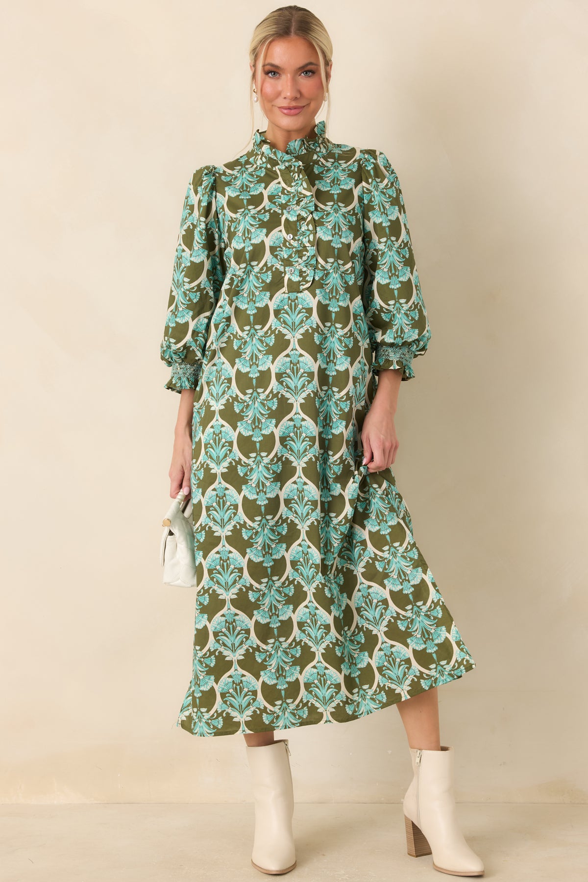 Dream All Day Olive & Aqua Floral Cotton Midi Dress