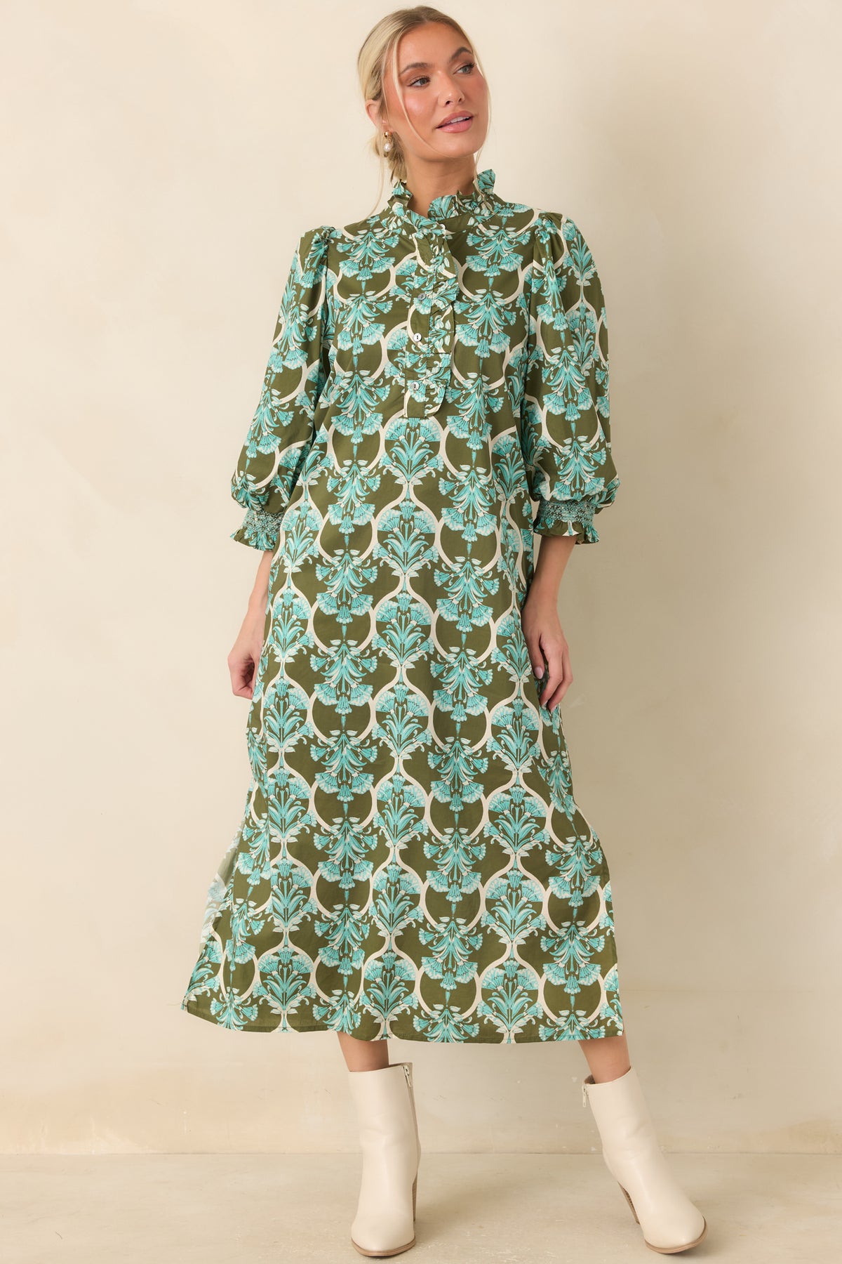 Dream All Day Olive & Aqua Floral Cotton Midi Dress