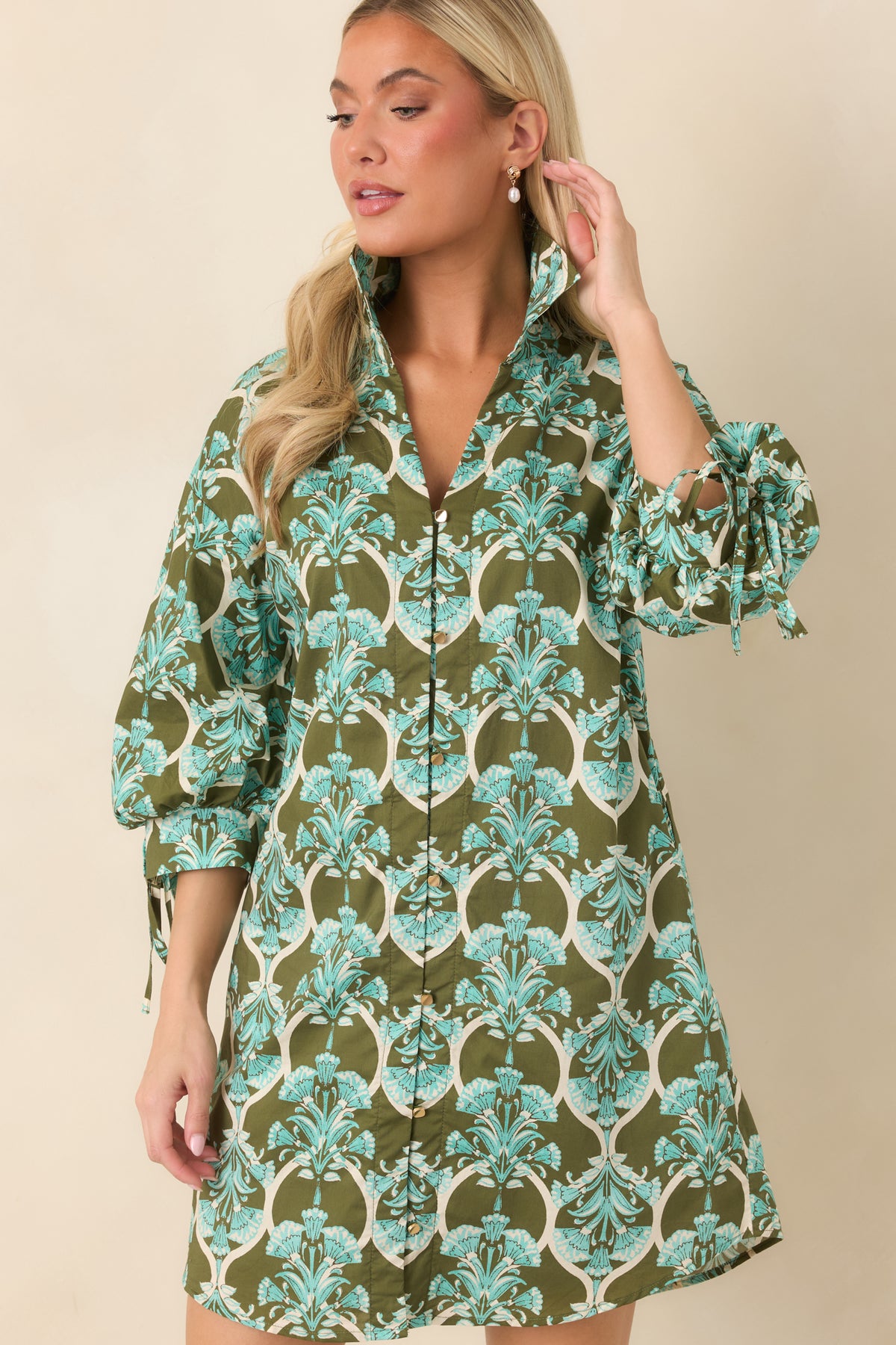 Sun Daze Olive & Aqua Floral Cotton Mini Shirt Dress