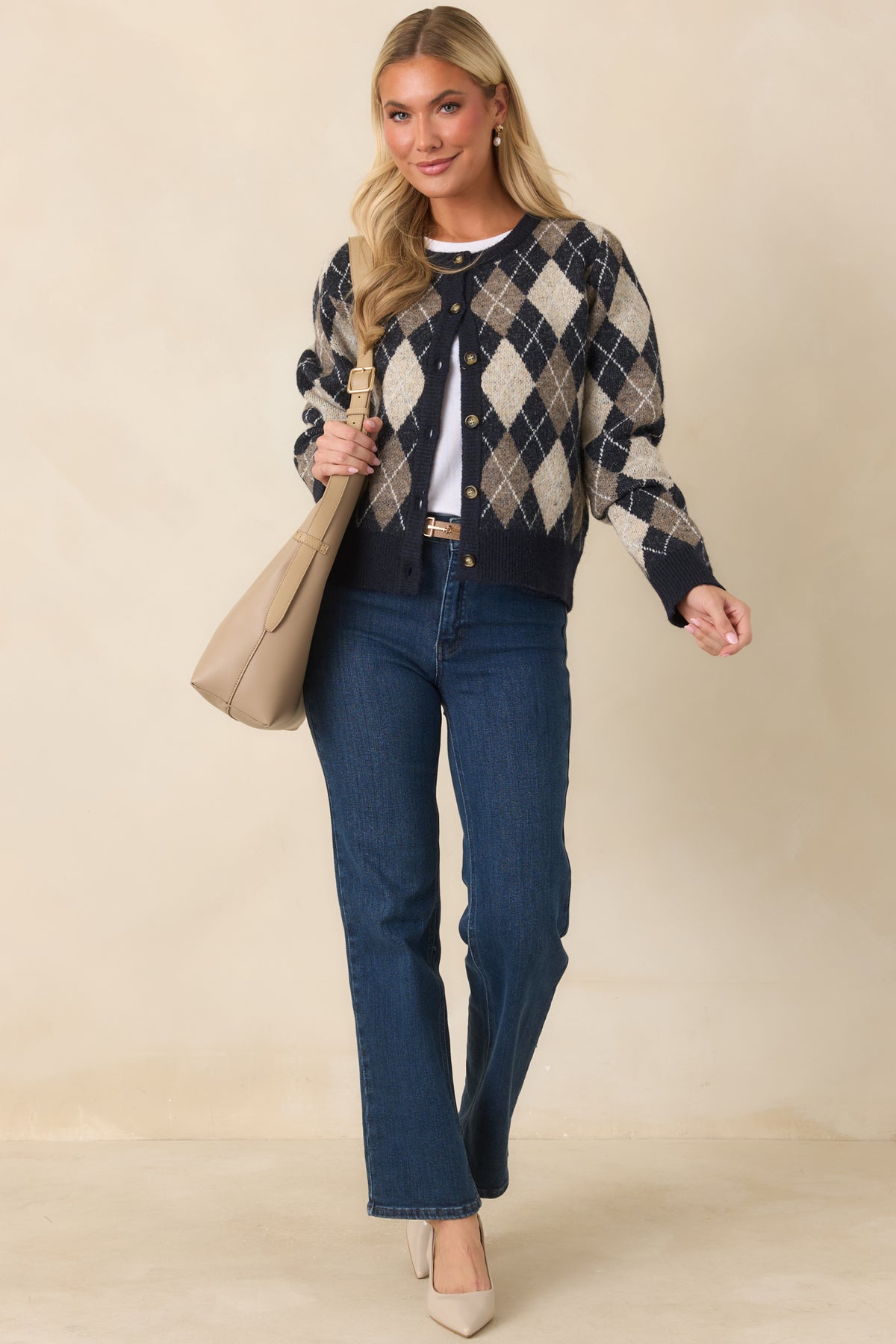 First in Class Navy Multi Argyle Knit Cardigan