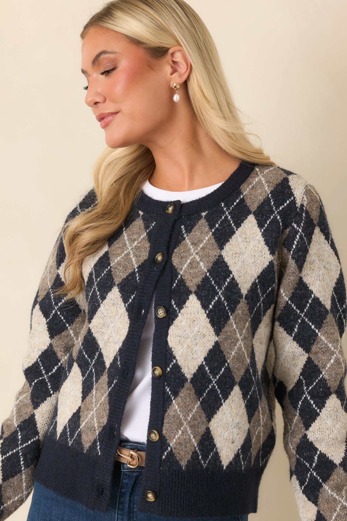 First in Class Navy Multi Argyle Knit Cardigan