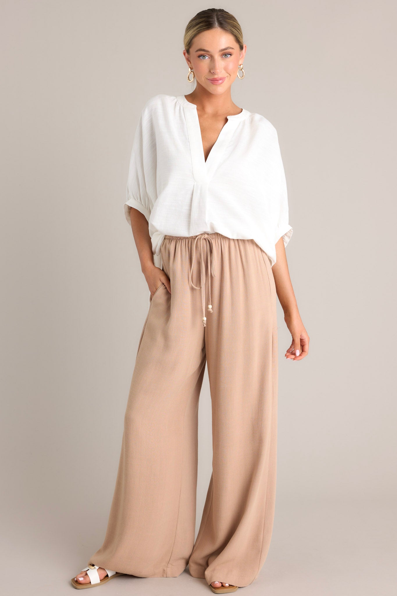 Tan Wide Leg Linen Blend Pants - All Pants | Red Dress Tan Wide Leg Linen Blend Pants - All Pants | Red Dress