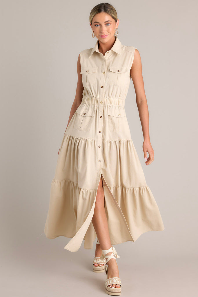 13085 Beige Button Belt Dress main image 1