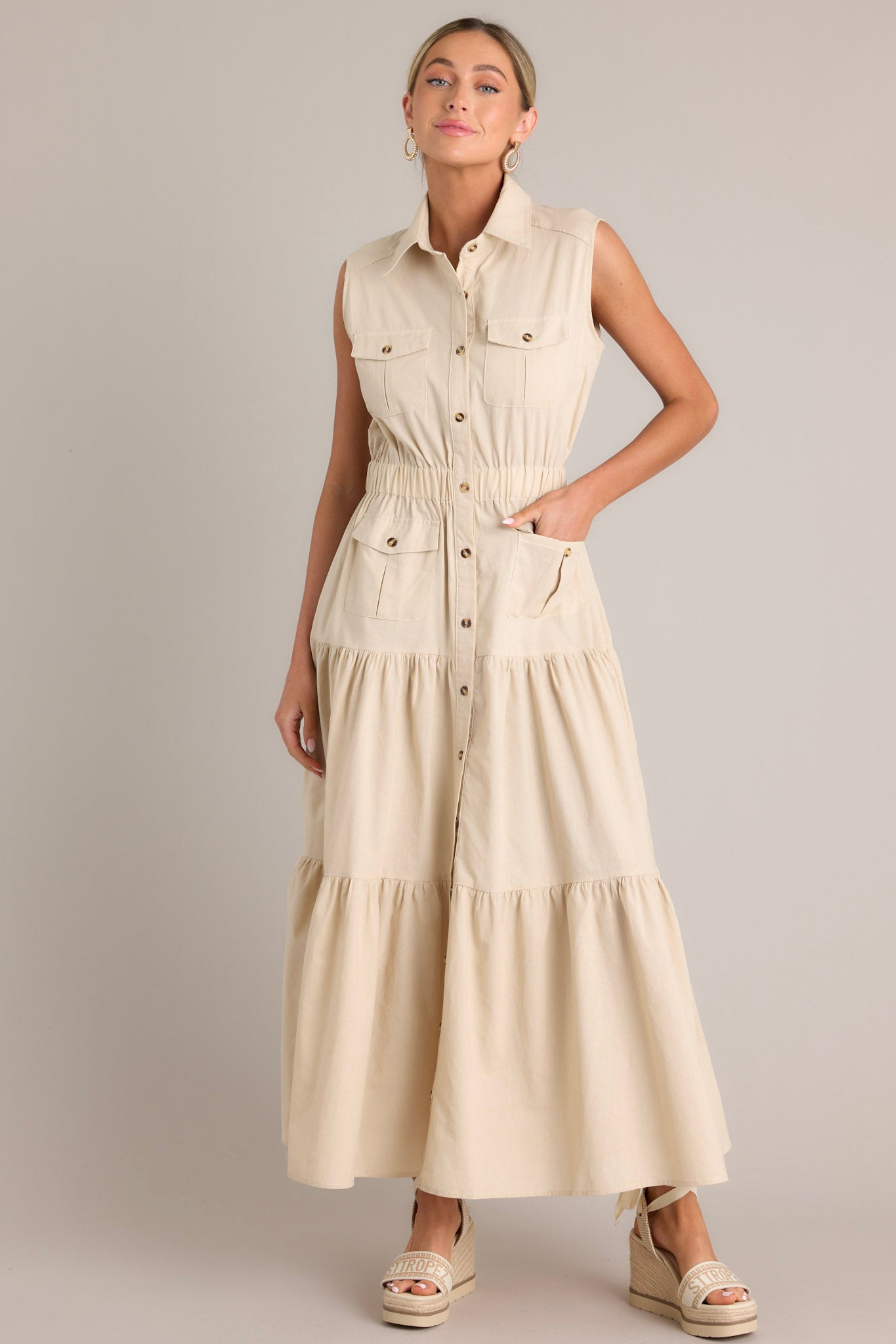 Beige Button Front Tiered Maxi Dress - All Dresses | Red Dress Beige Button Front Tiered Maxi Dress - All Dresses | Red Dress