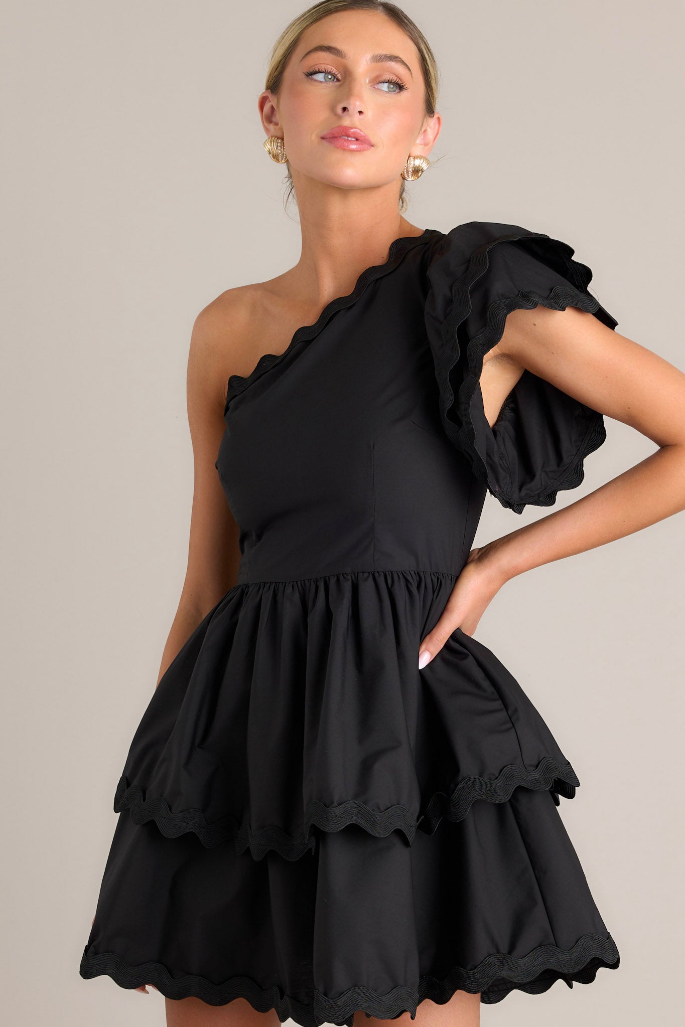 Black Scallop Tiered One Shoulder Romper - All Playsuits | Red Dress Black Scallop Tiered One Shoulder Romper - All Playsuits | Red Dress