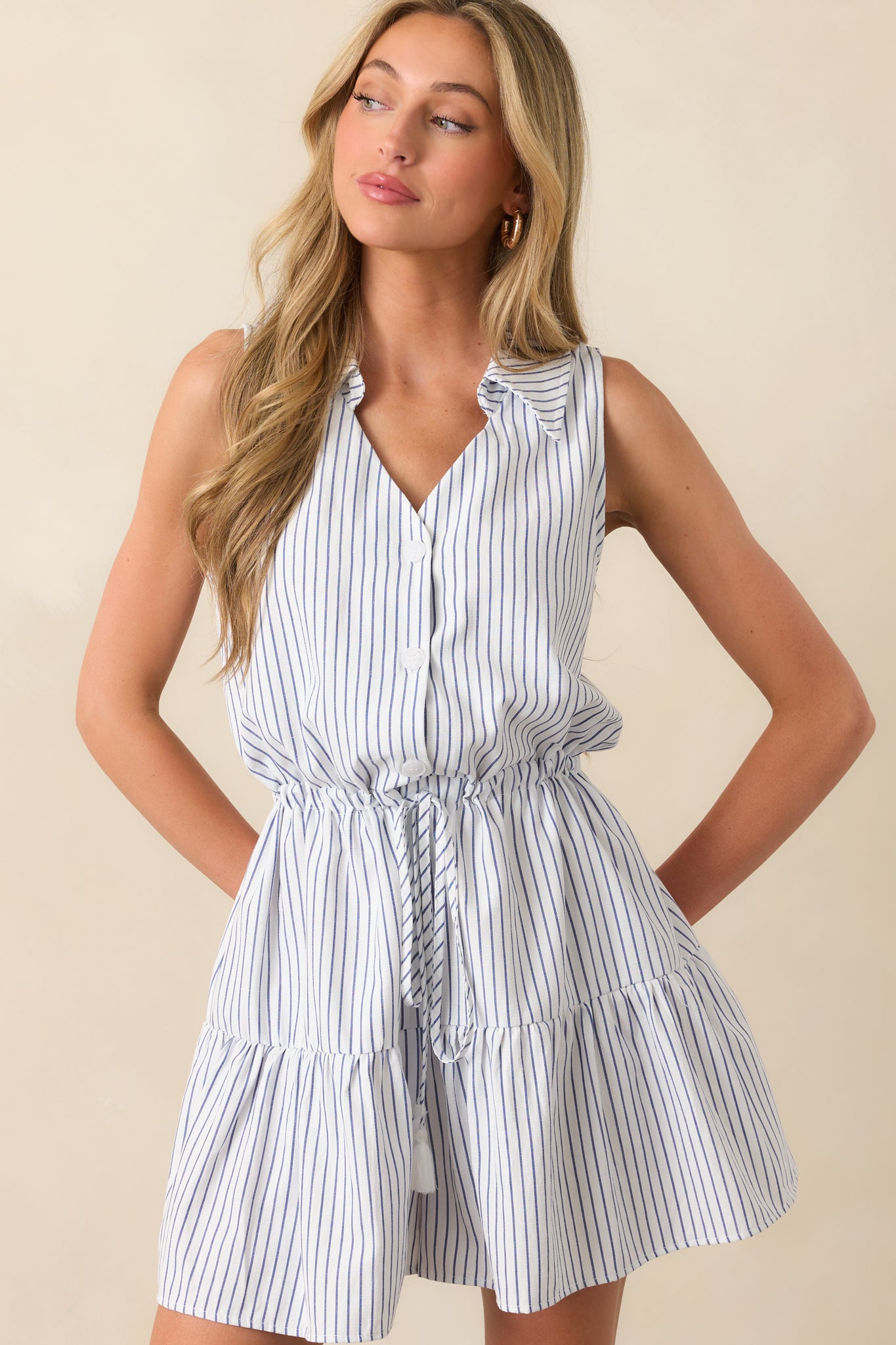Blue Stripe Cotton Collared Romper - All Playsuits | Red Dress Blue Stripe Cotton Collared Romper - All Playsuits | Red Dress