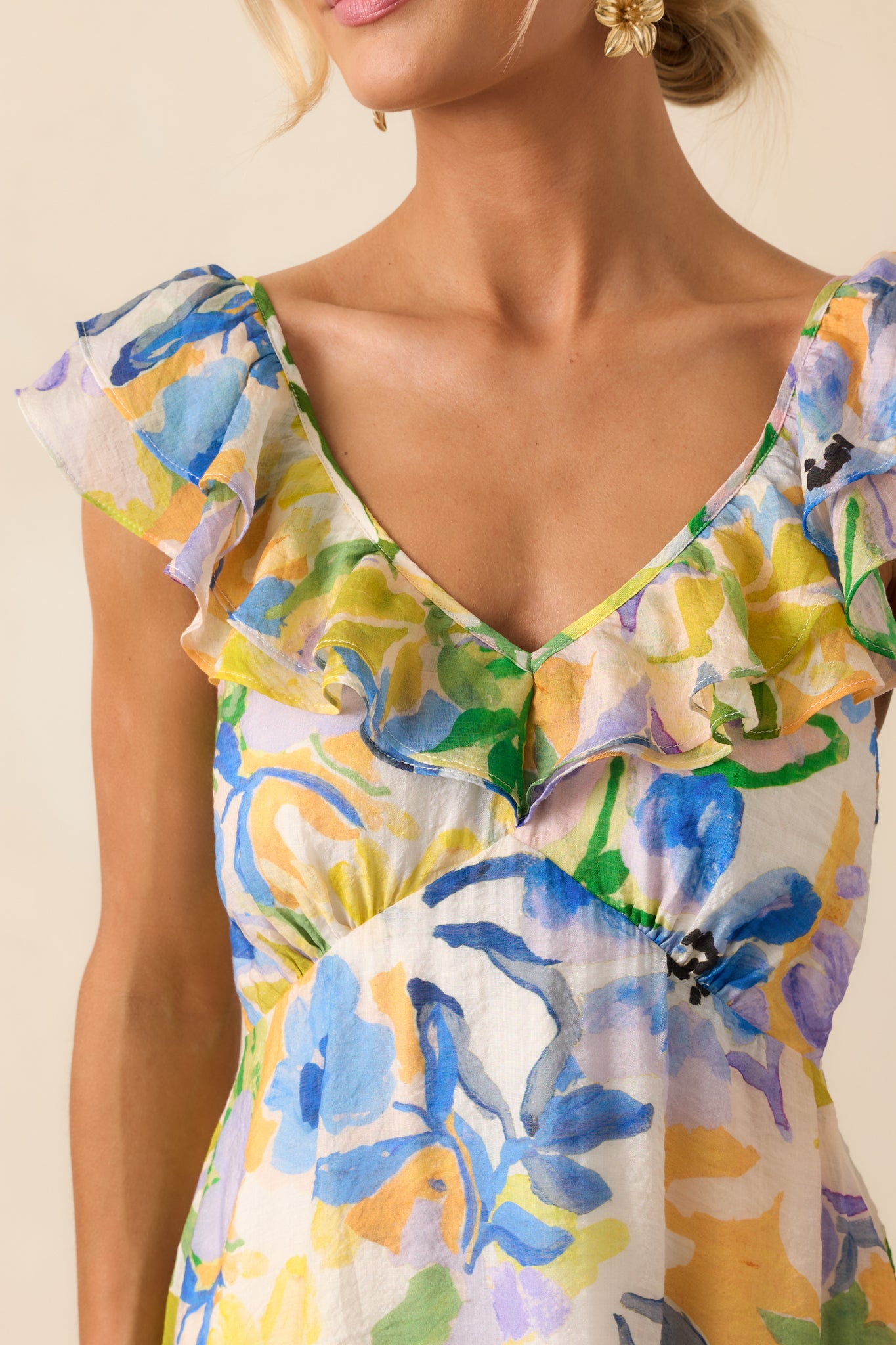 Close-up of the ruffle sleeve and neckline showing texture and print detail of the fabric.