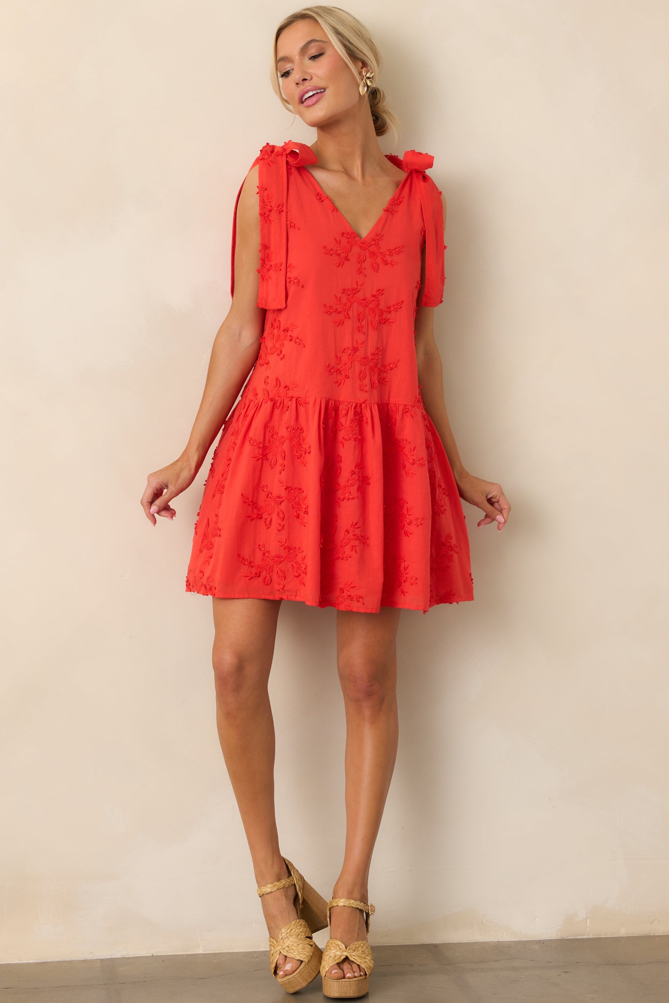 Holding Things Together Red Floral Embroidered Cotton Mini Dress Holding Things Together Red Floral Embroidered Cotton Mini Dress