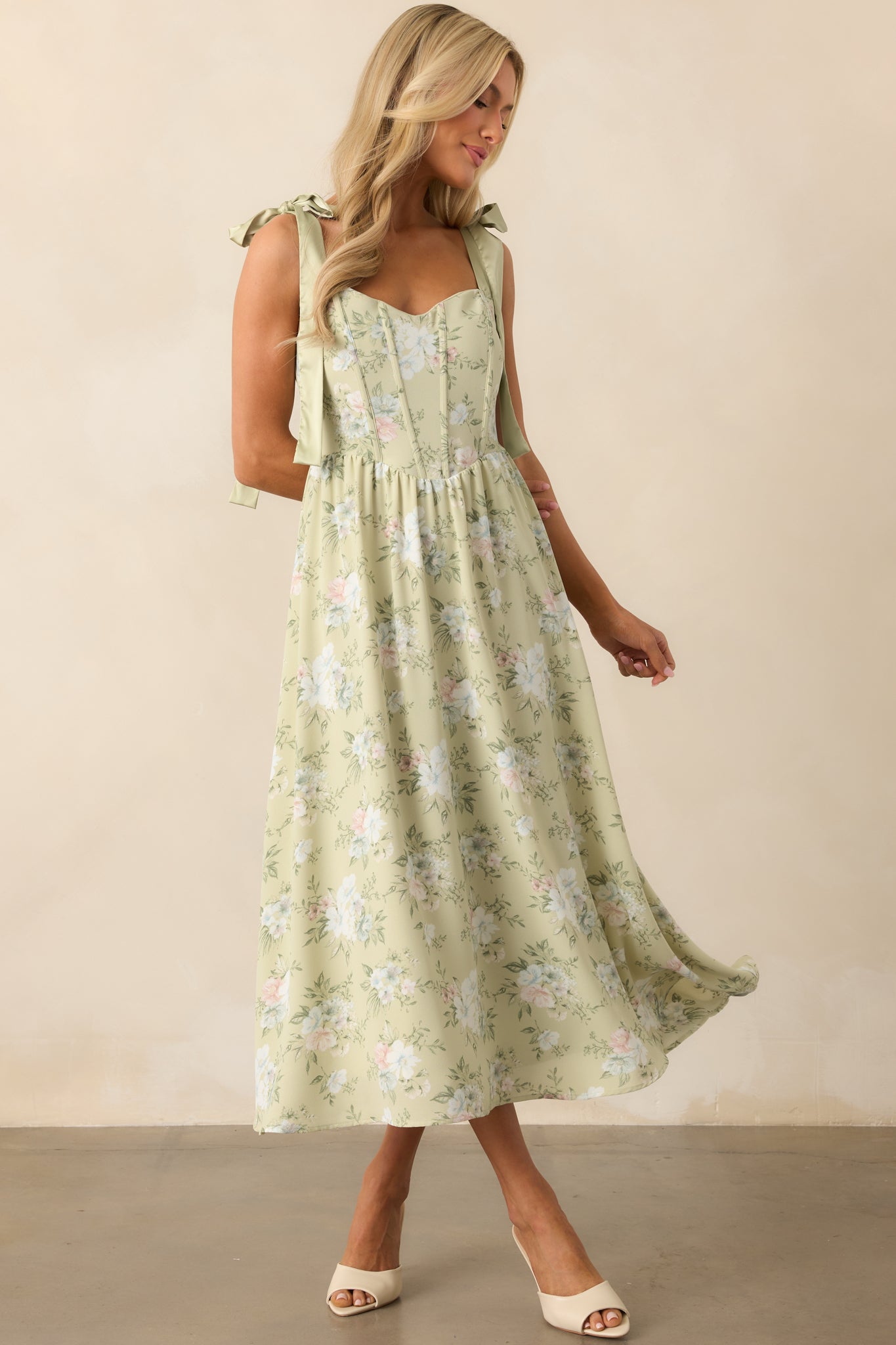 Light Sage Floral Chiffon Corset Dress - Maxi Dresses | Red Dress Light Sage Floral Chiffon Corset Dress - Maxi Dresses | Red Dress