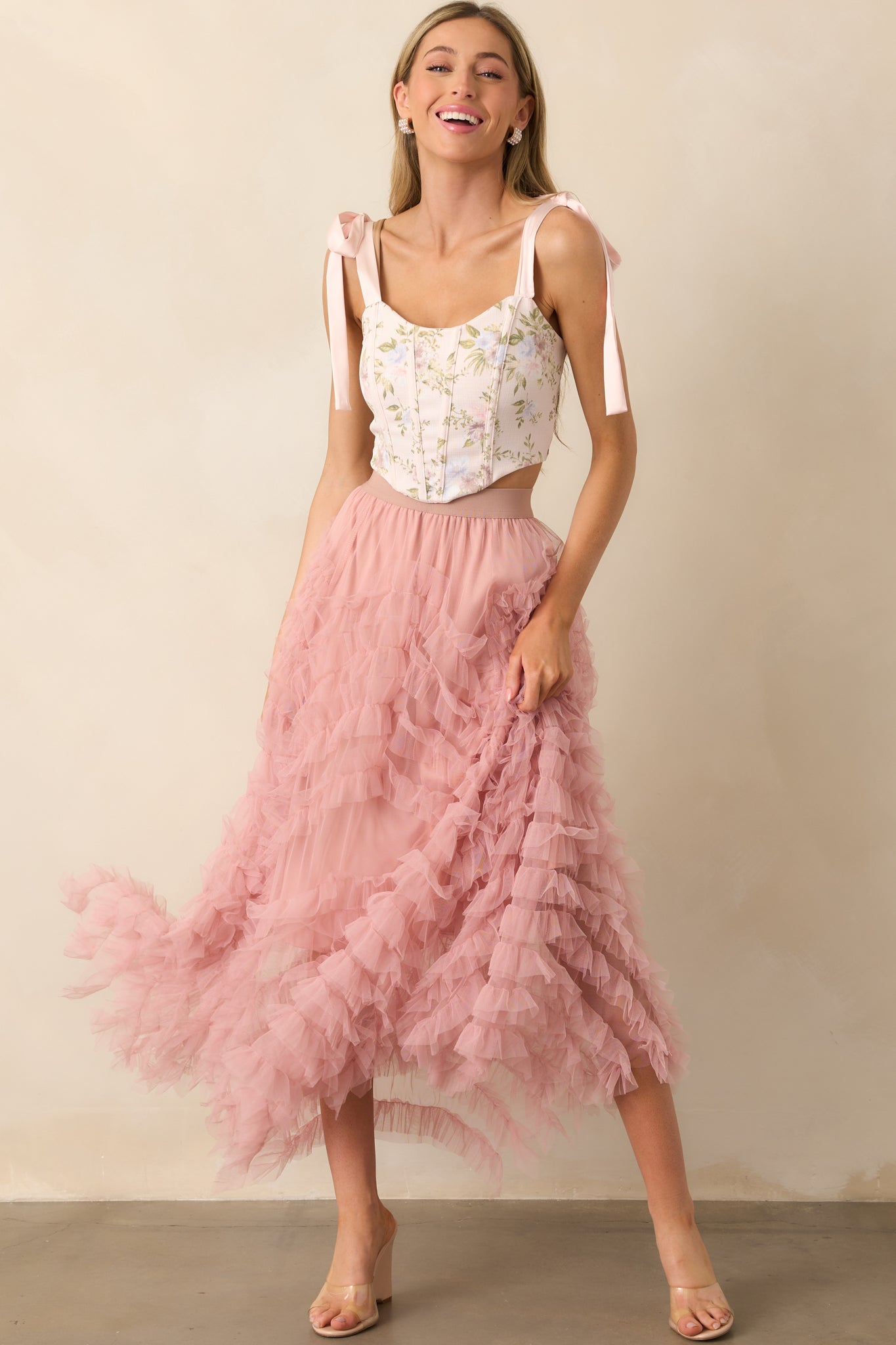 Shopping Spree Rose Tulle Midi Skirt