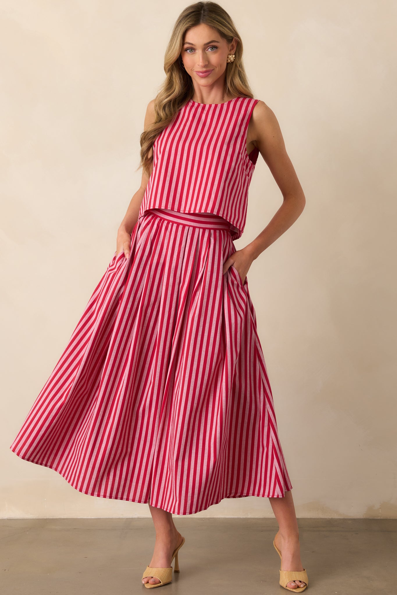 Red Stripe Cotton Maxi Skirt Two Piece Sets Red Dress