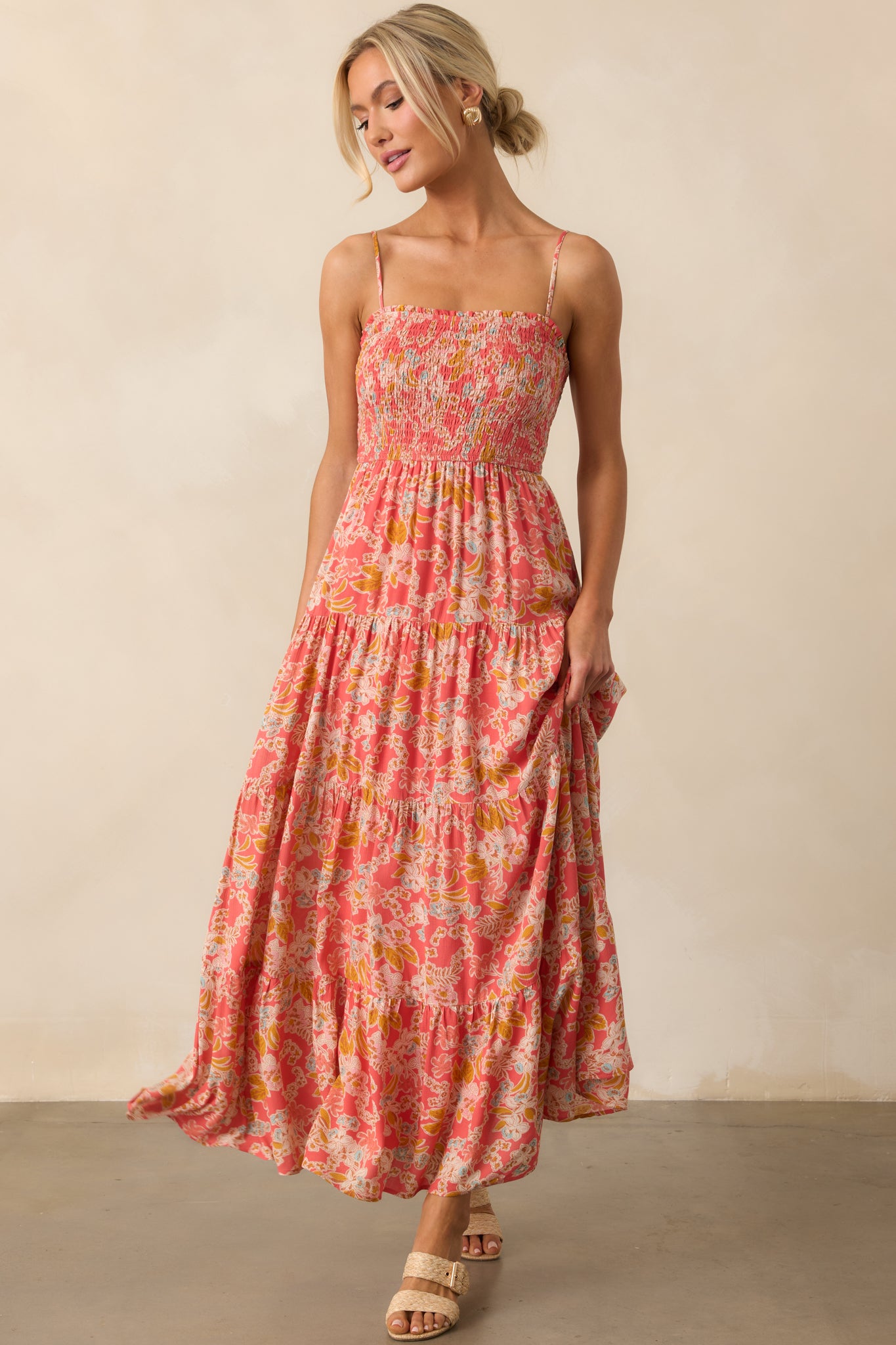 Front-facing view of the pink coral dress, emphasizing the square neckline, adjustable straps, and breezy silhouette.