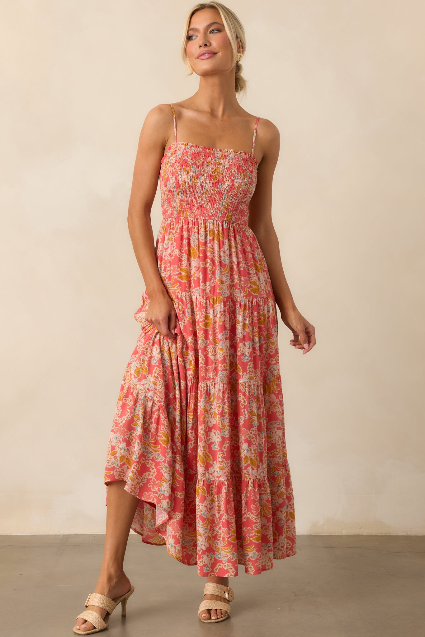 Complete front view of the pink coral dress with a smocked bodice and layered skirt for a relaxed, feminine look.