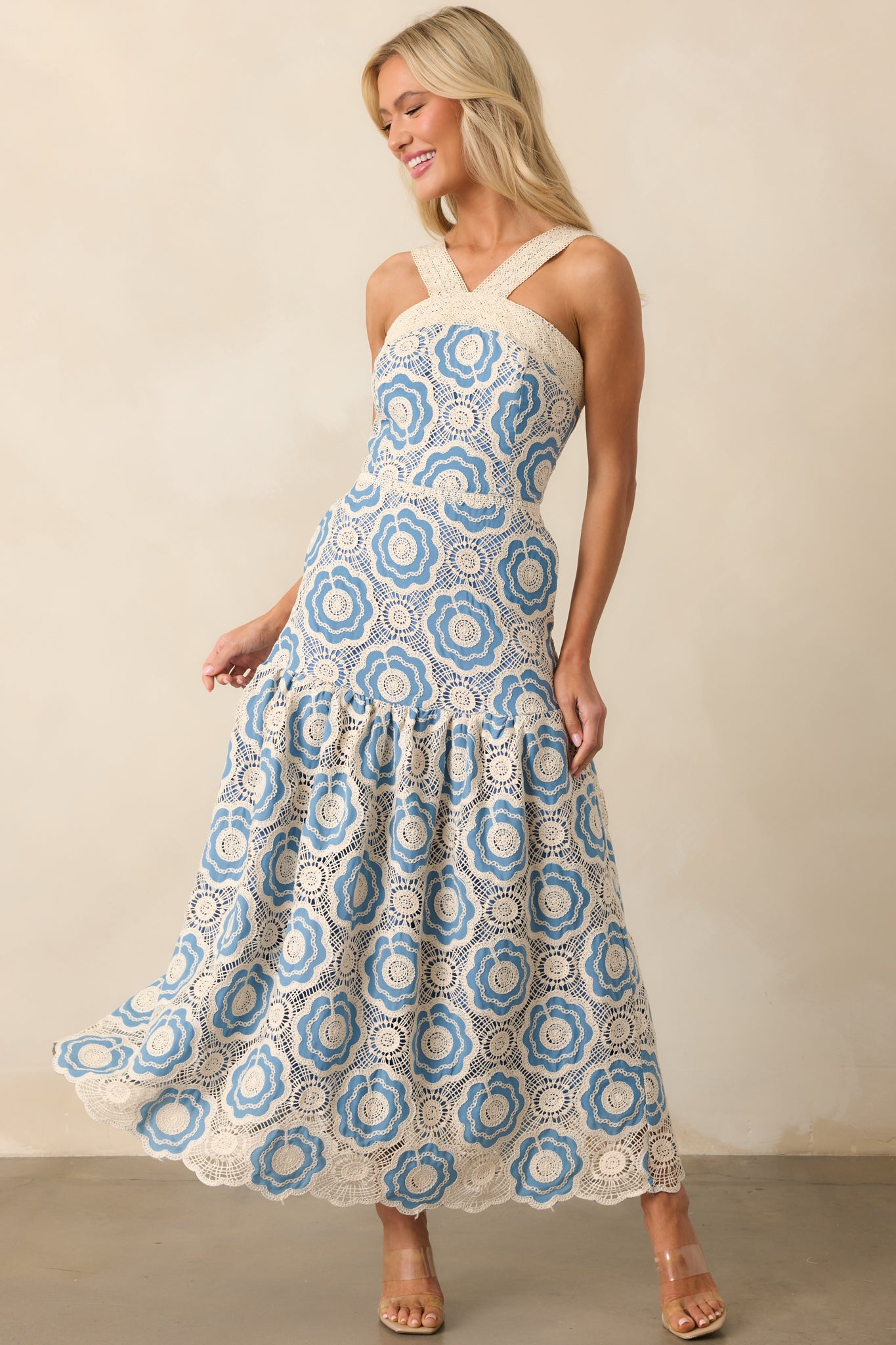 Midnight Muse Light Blue Floral Embroidered Drop Waist Maxi Dress Midnight Muse Light Blue Floral Embroidered Drop Waist Maxi Dress