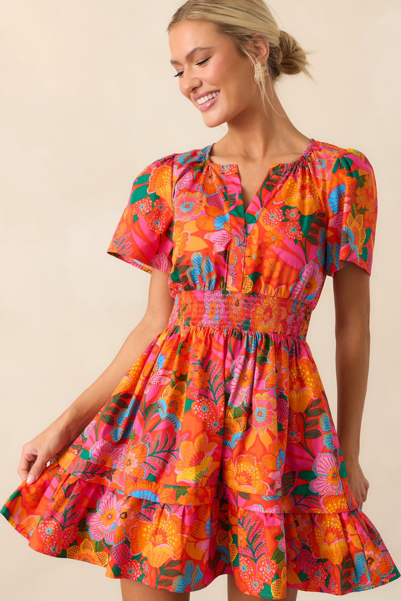 Orange Floral Cotton Short Sleeve Dress - Mini Dresses | Red Dress Orange Floral Cotton Short Sleeve Dress - Mini Dresses | Red Dress