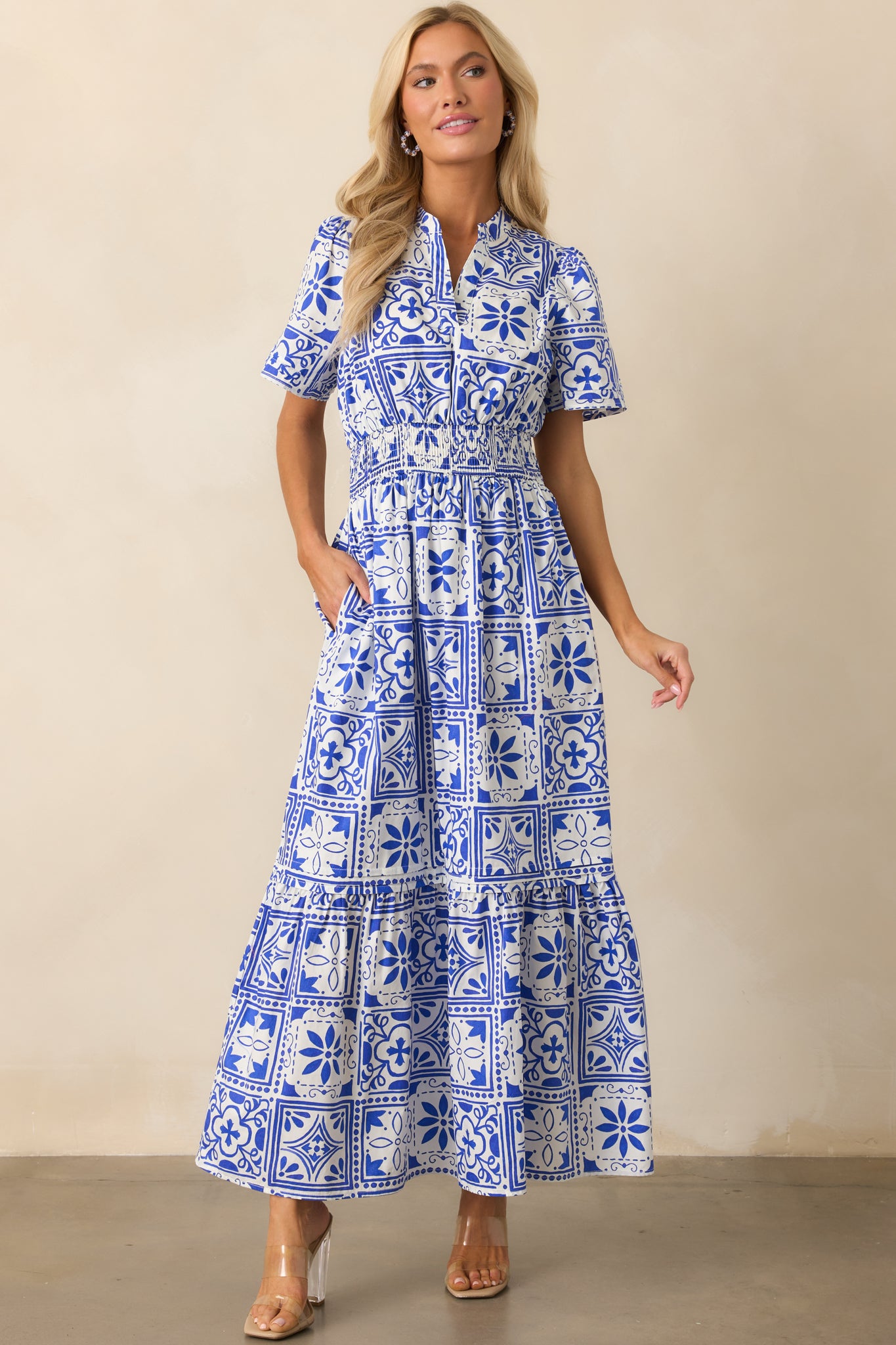Front-facing angle displaying the tile motif and how the smocked waist adds shape to the breezy fit.
