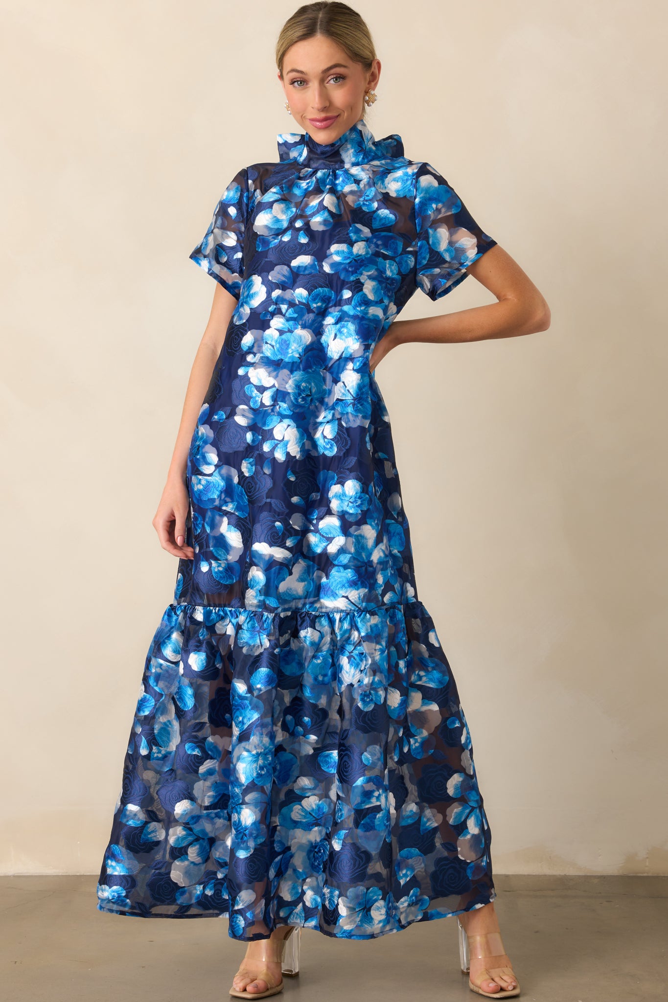 Blue Floral Jacquard Maxi Dress - All Dresses | Red Dress Blue Floral Jacquard Maxi Dress - All Dresses | Red Dress
